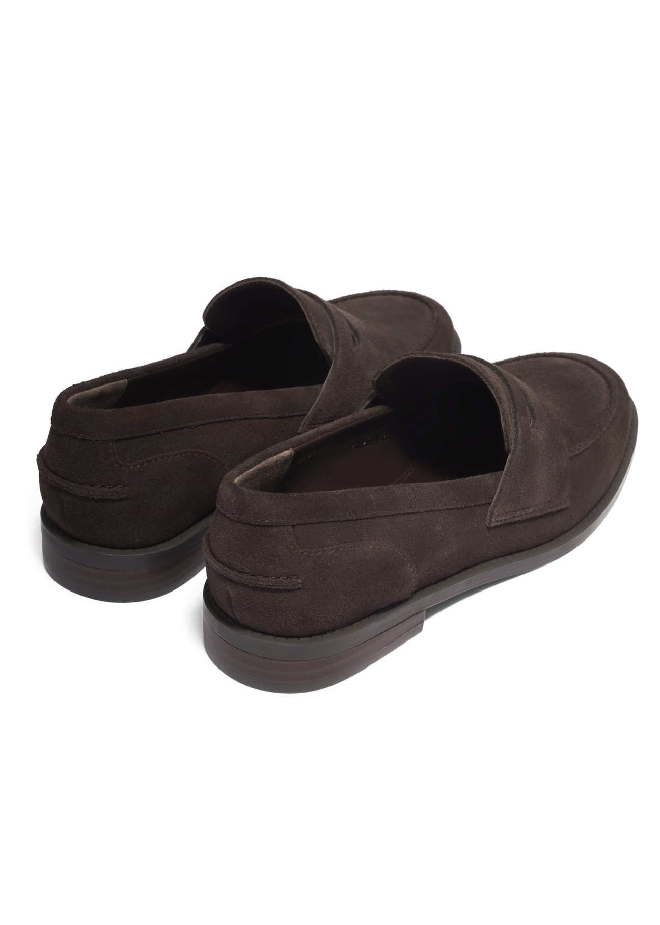 Women's dark brown suede moccasins BUTYD-1299-1I(Z26), back view of the product on a white background.