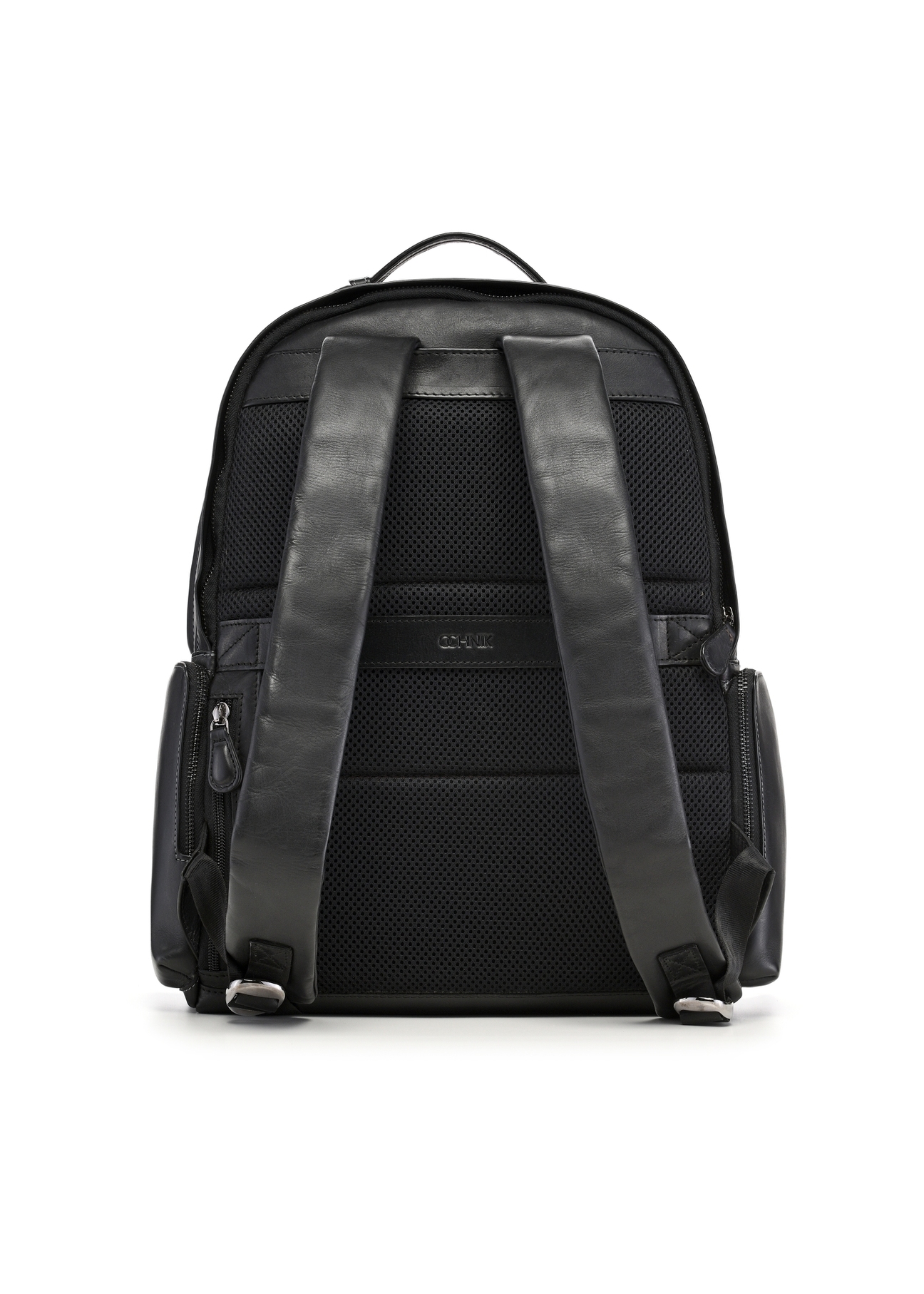 Men's black leather backpack TORMS-0526-99(Z26) - product view from the back, on a white background.