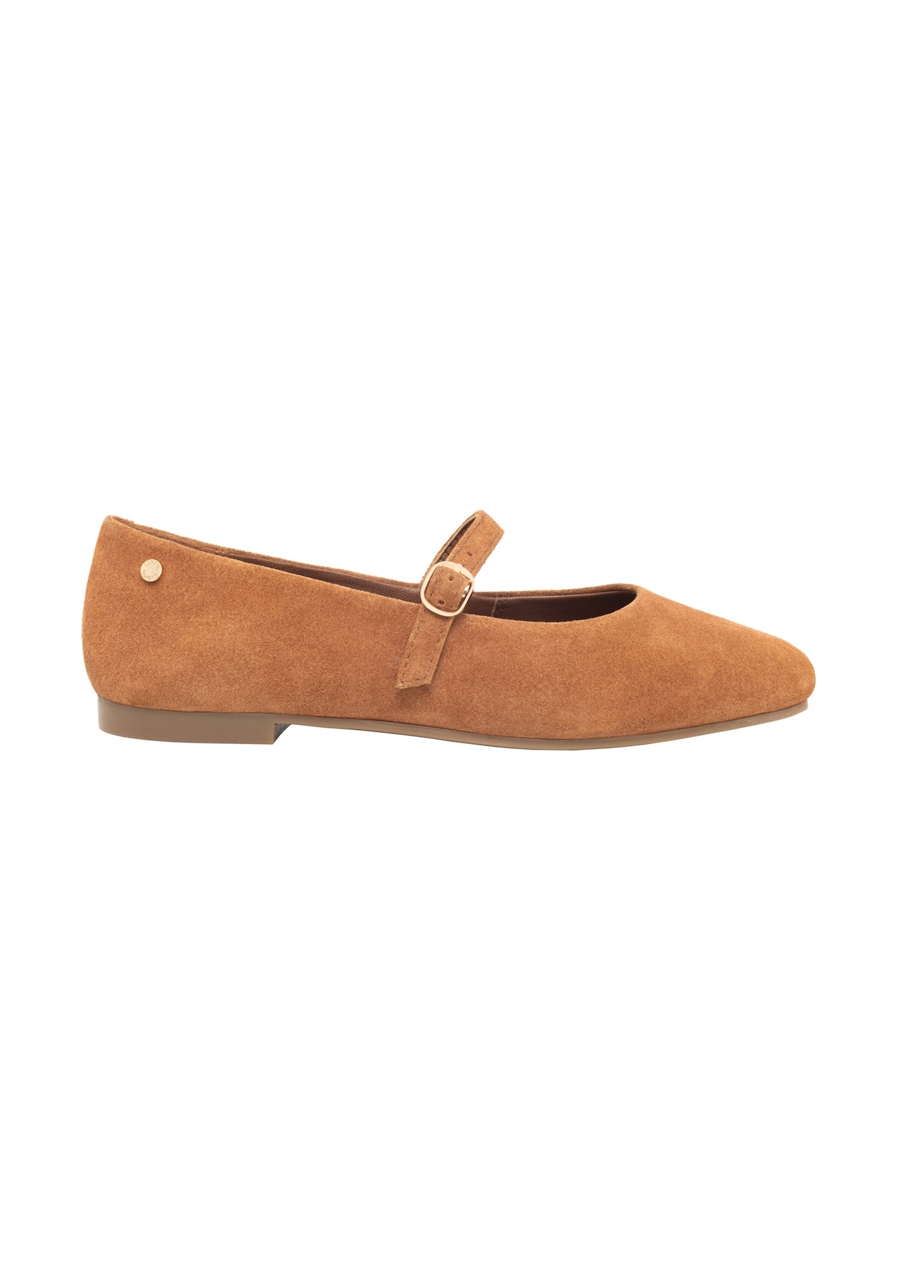 Cognac suede ballet flats with belt BUTYD-1145-1F(Z26), side view of the product on a light background.