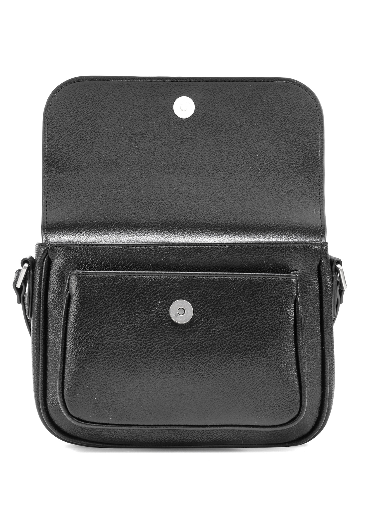Black women's messenger bag TOREC-1072-99(Z25), open product view on white background.