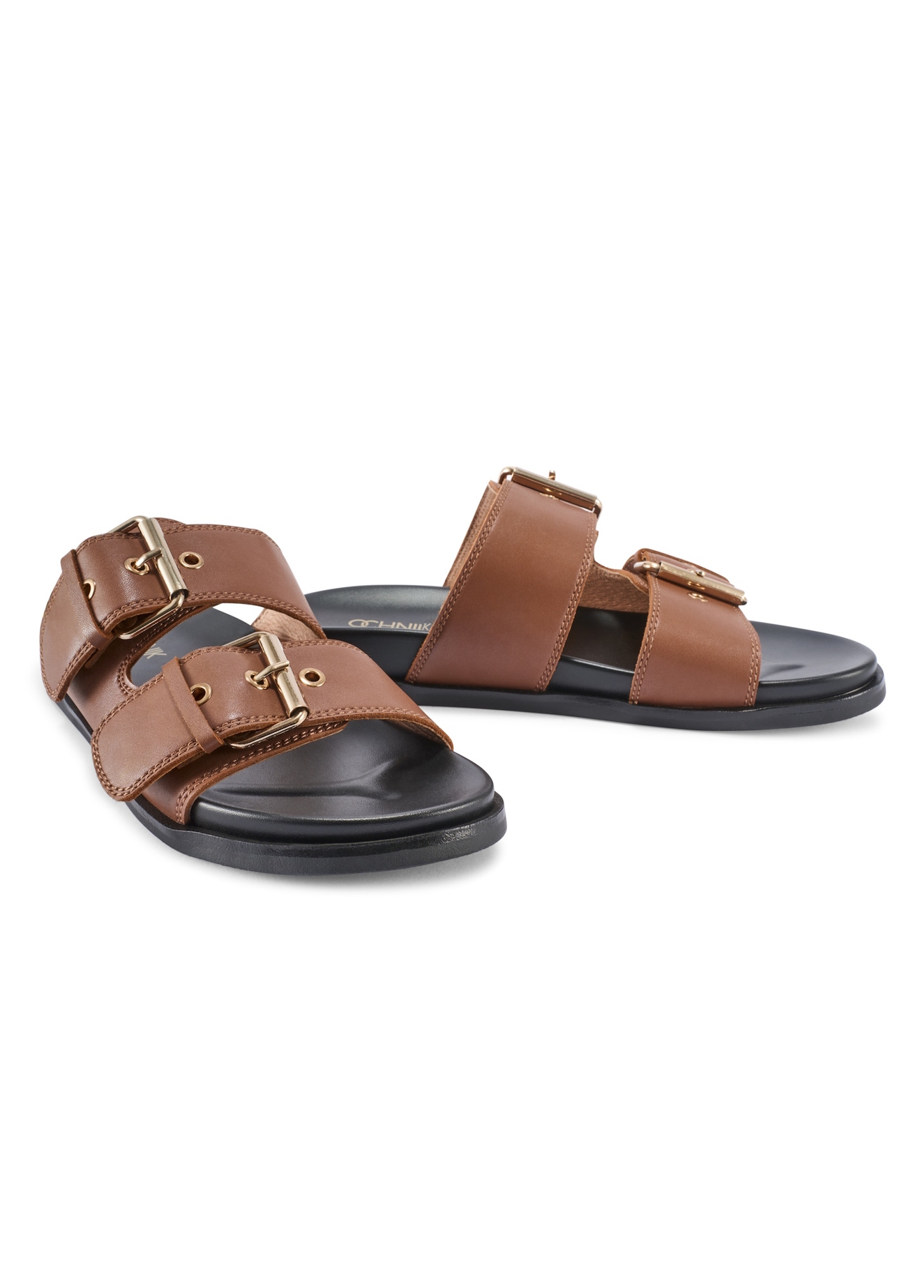 Camel leather women's flip-flops BUTYD-1161-1D(W26), diagonal product view on white background.