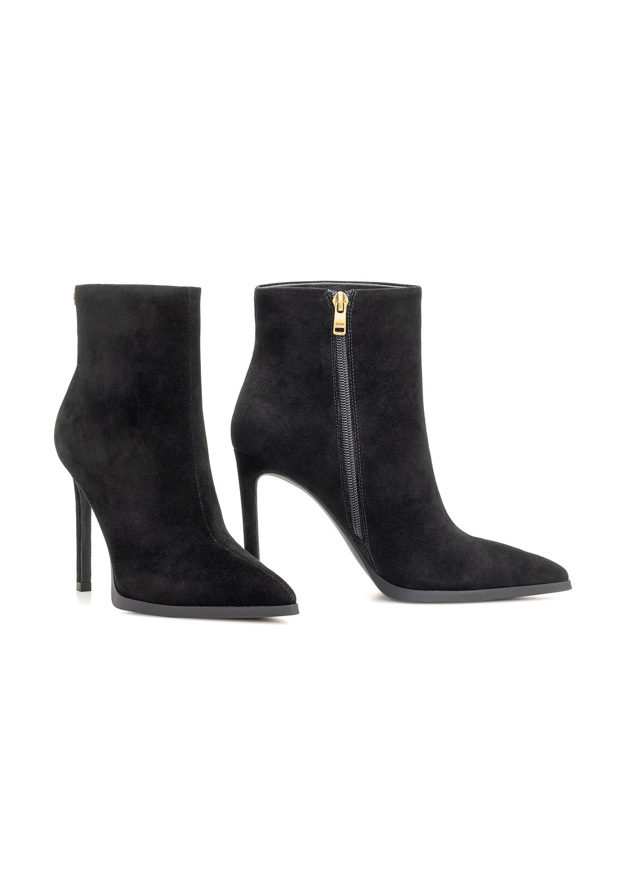 Black suede high heel ankle boots BUTYD-1207-99(Z25), diagonal product view on white background.