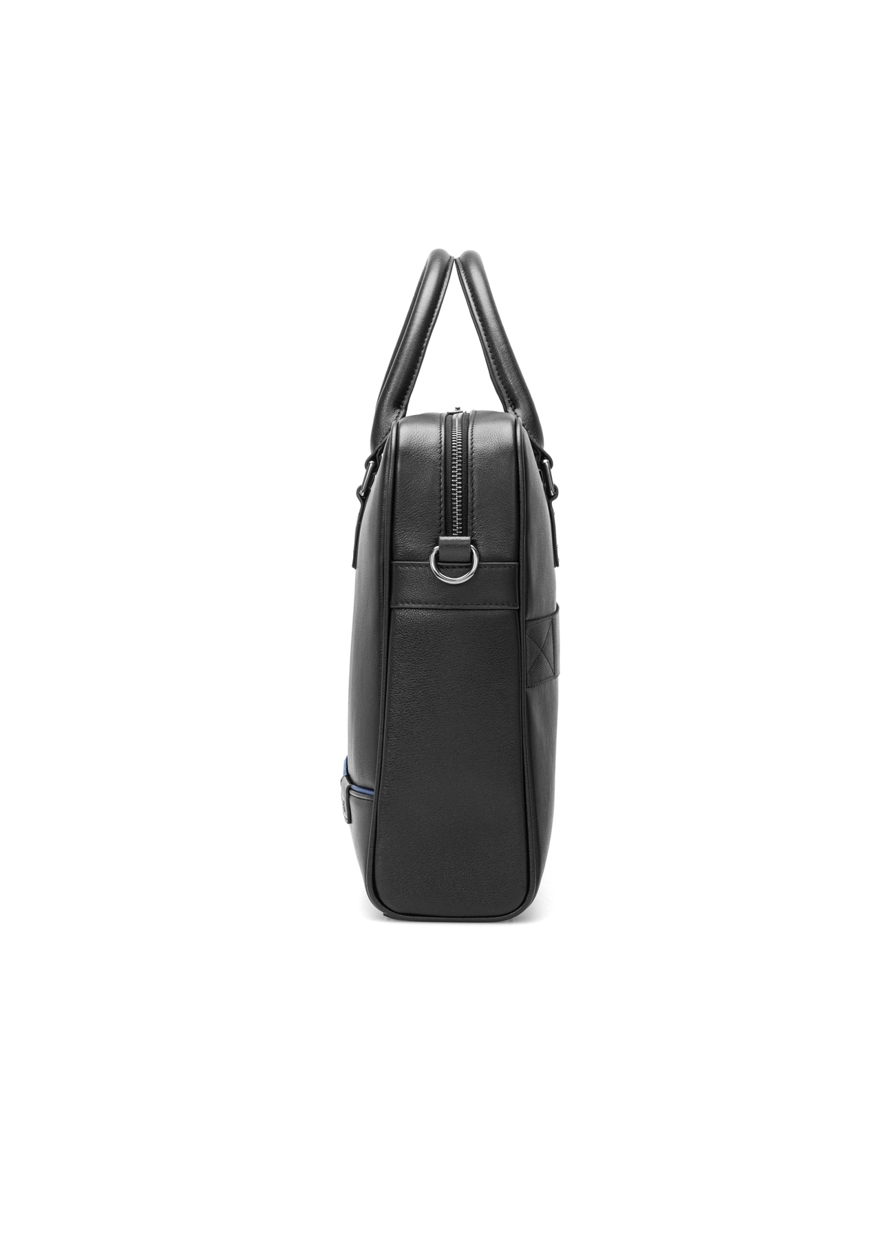 Black leather laptop bag TORMS-0494-99(W26) - side product view, on white background.