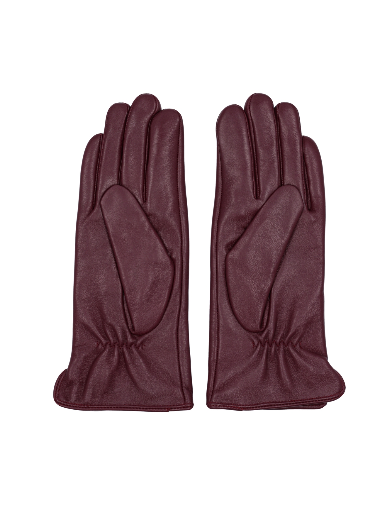 Women's leather burgundy gloves REKDS-0001A-4D(Z26), product view from the back on a white background.