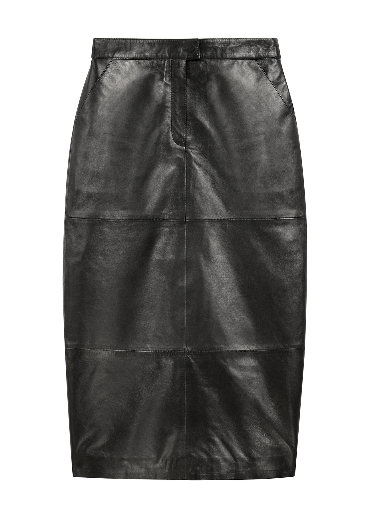 Black leather midi skirt SPCDS-0076-99(W26), front product view, isolated on white background.