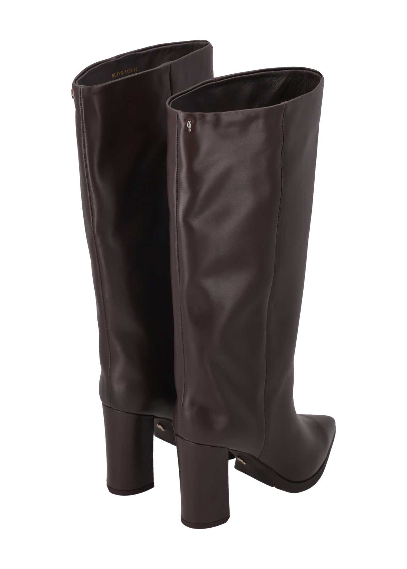 Dark brown leather women's boots BUTYD-1334-1I(Z26), product view from the back on a white background.