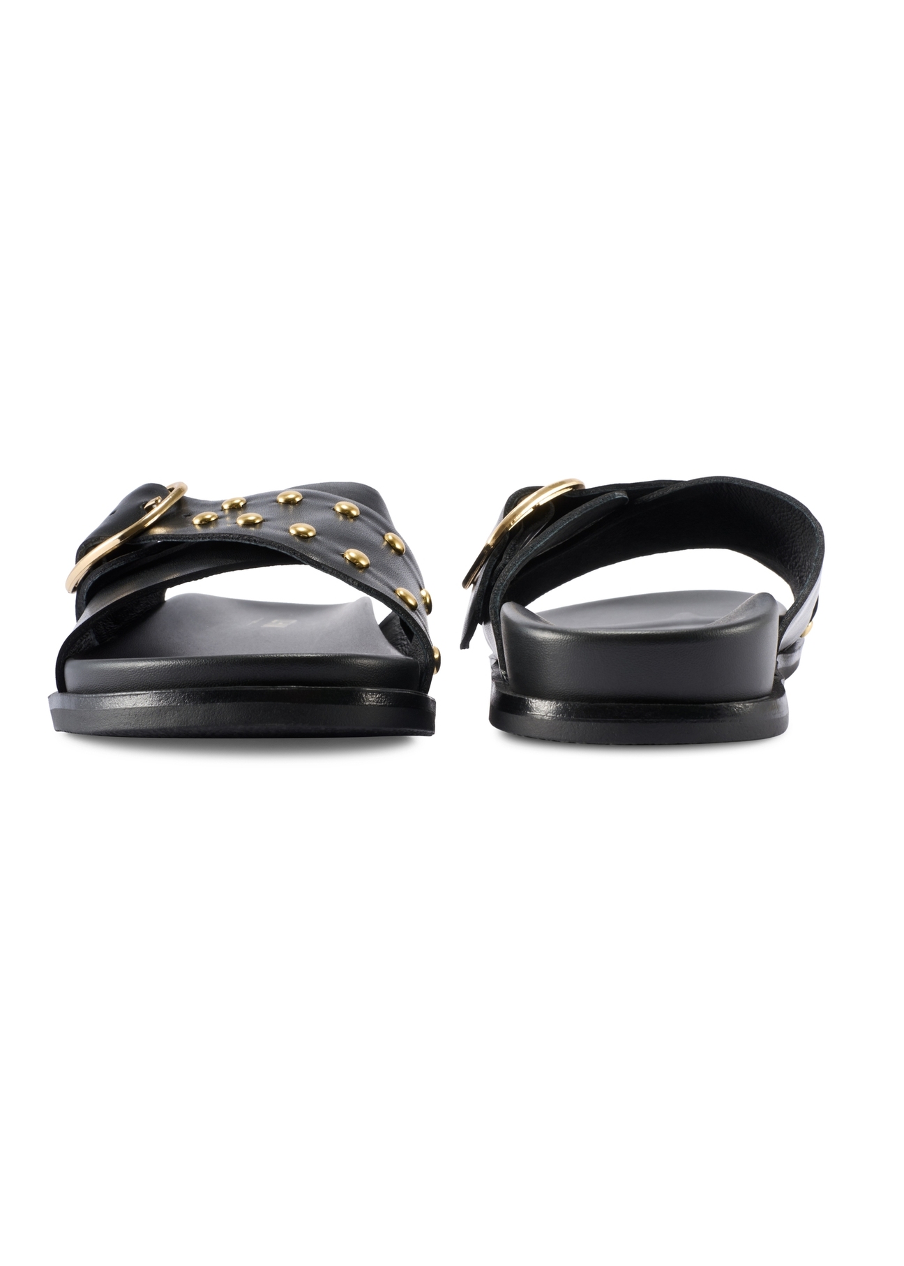 Women's leather flip-flops in black BUTYD-1268-99(W26), front and back view of the product on a white background.