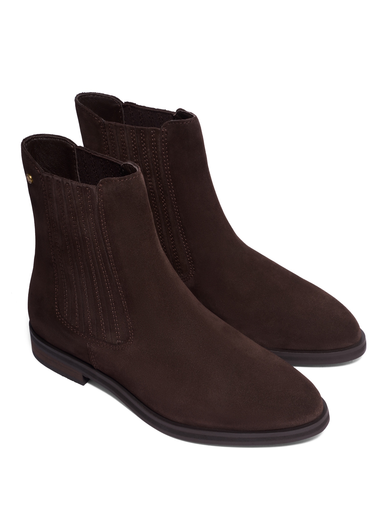 Dark brown suede women's Chelsea boots BUTYD-1279-1I(Z26), diagonal product view on white background.