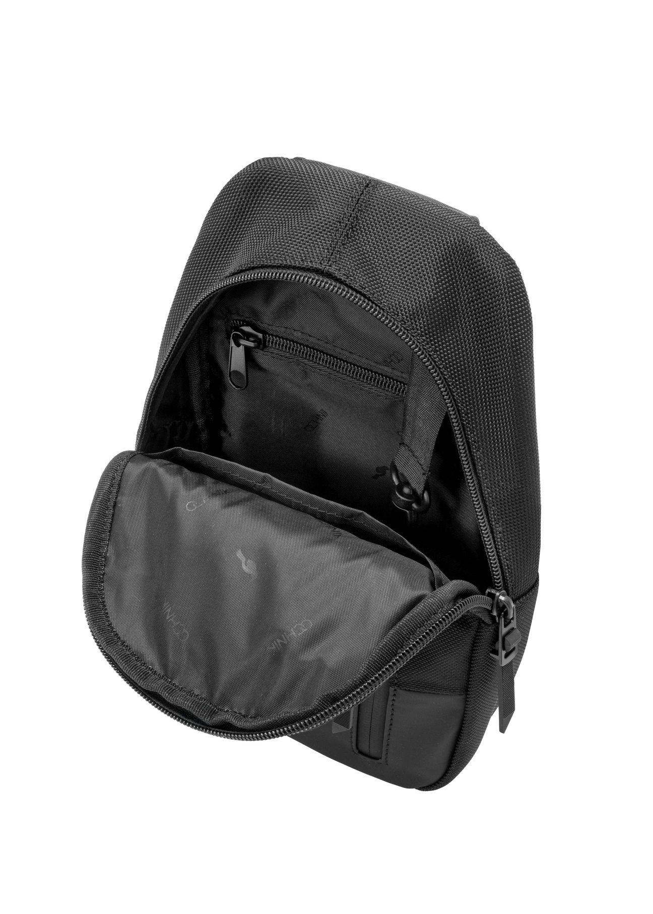 Black men's crossbody bag TORMN-0419-99(W26) - close-up detail, on white background.