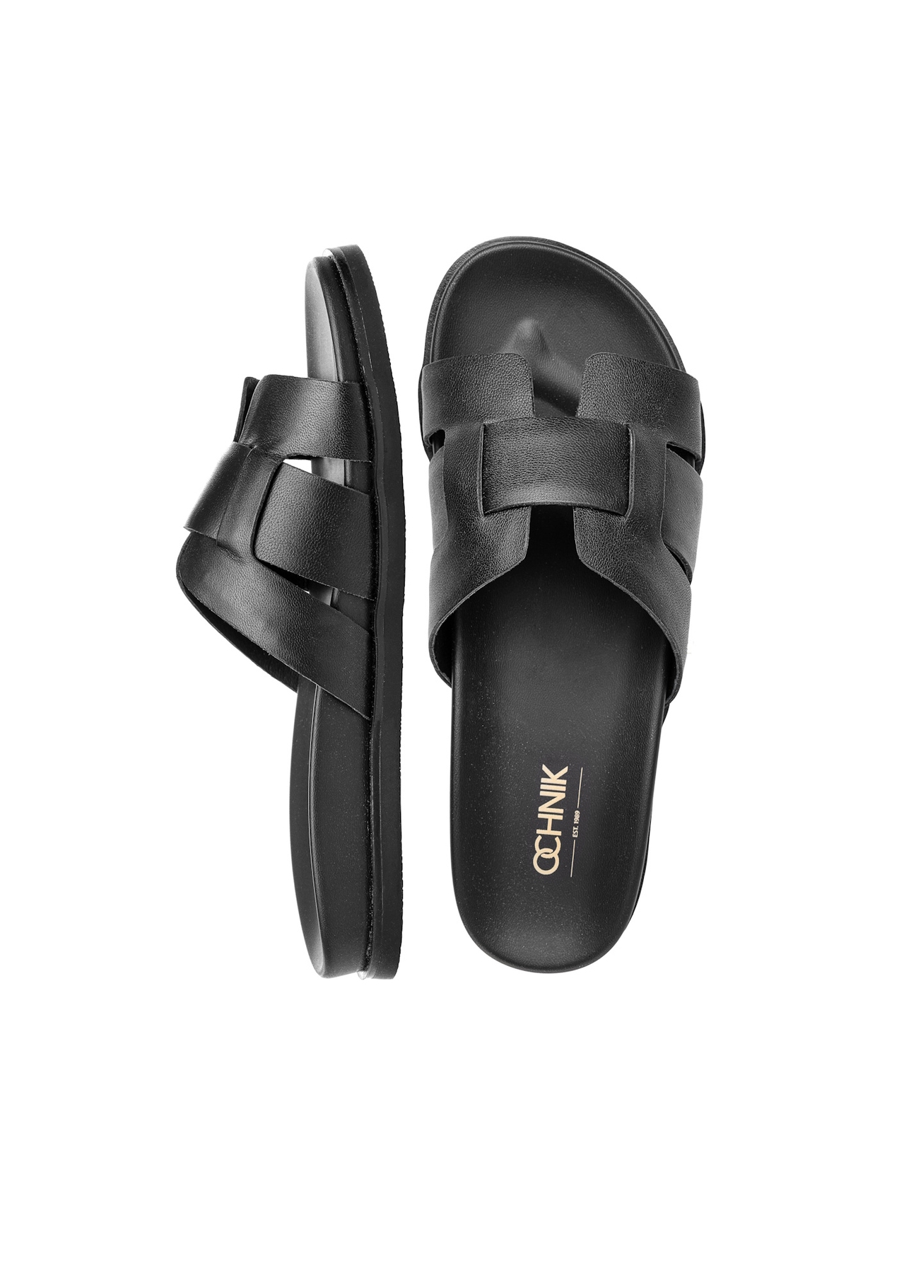 Black leather women's flip-flops BUTYD-1163-99(W25), product view from above on a white background.