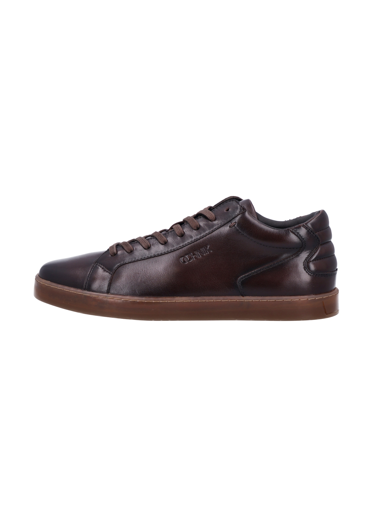 Dark brown men's leather sneakers BUTYM-0405C-1I(Z26), side product view on white background.