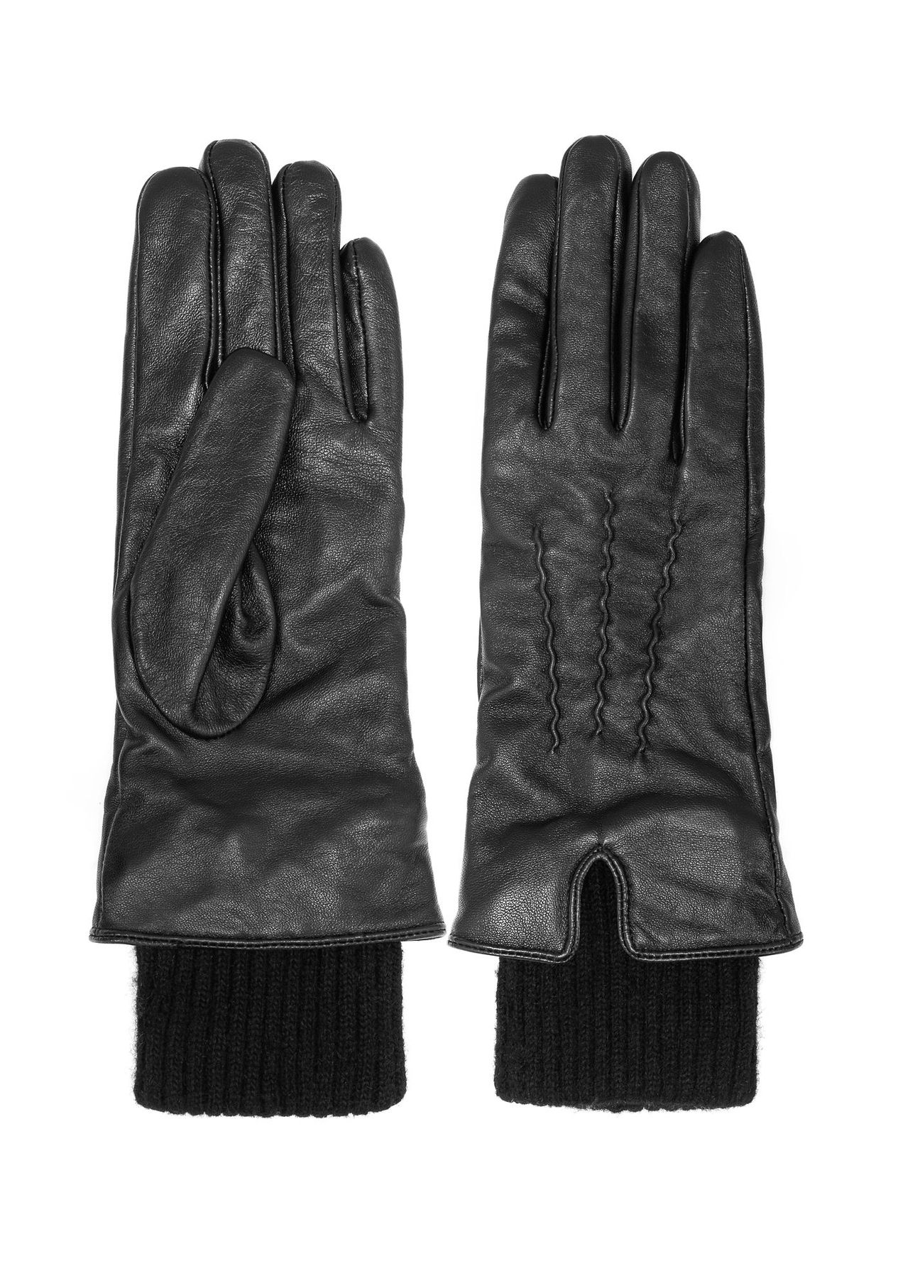 Black leather insulated women's gloves REKDS-0098-99(Z25) - front product view on white background.