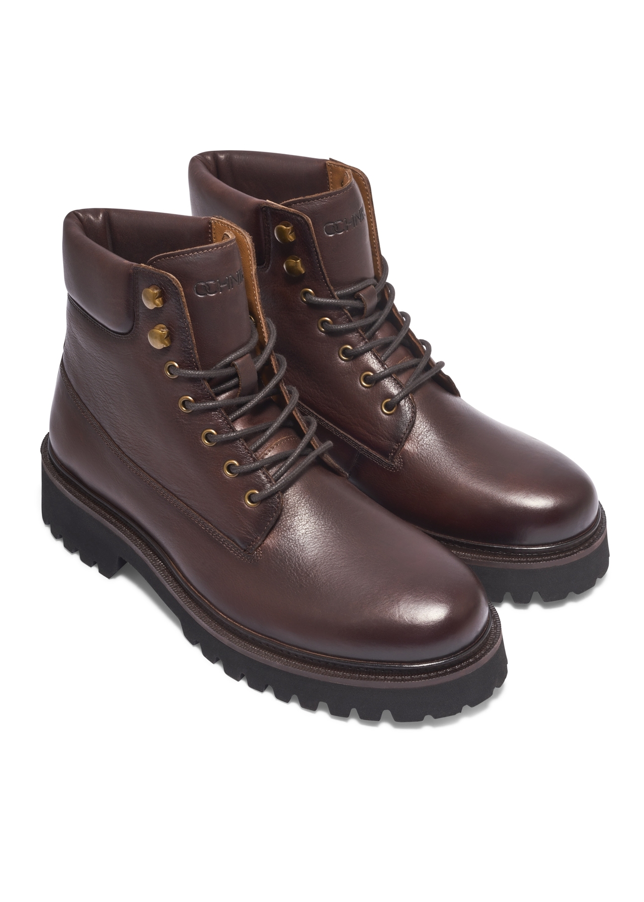 Dark brown men's leather ankle boots BUTYM-0579-1I(Z26), diagonal product view on white background.