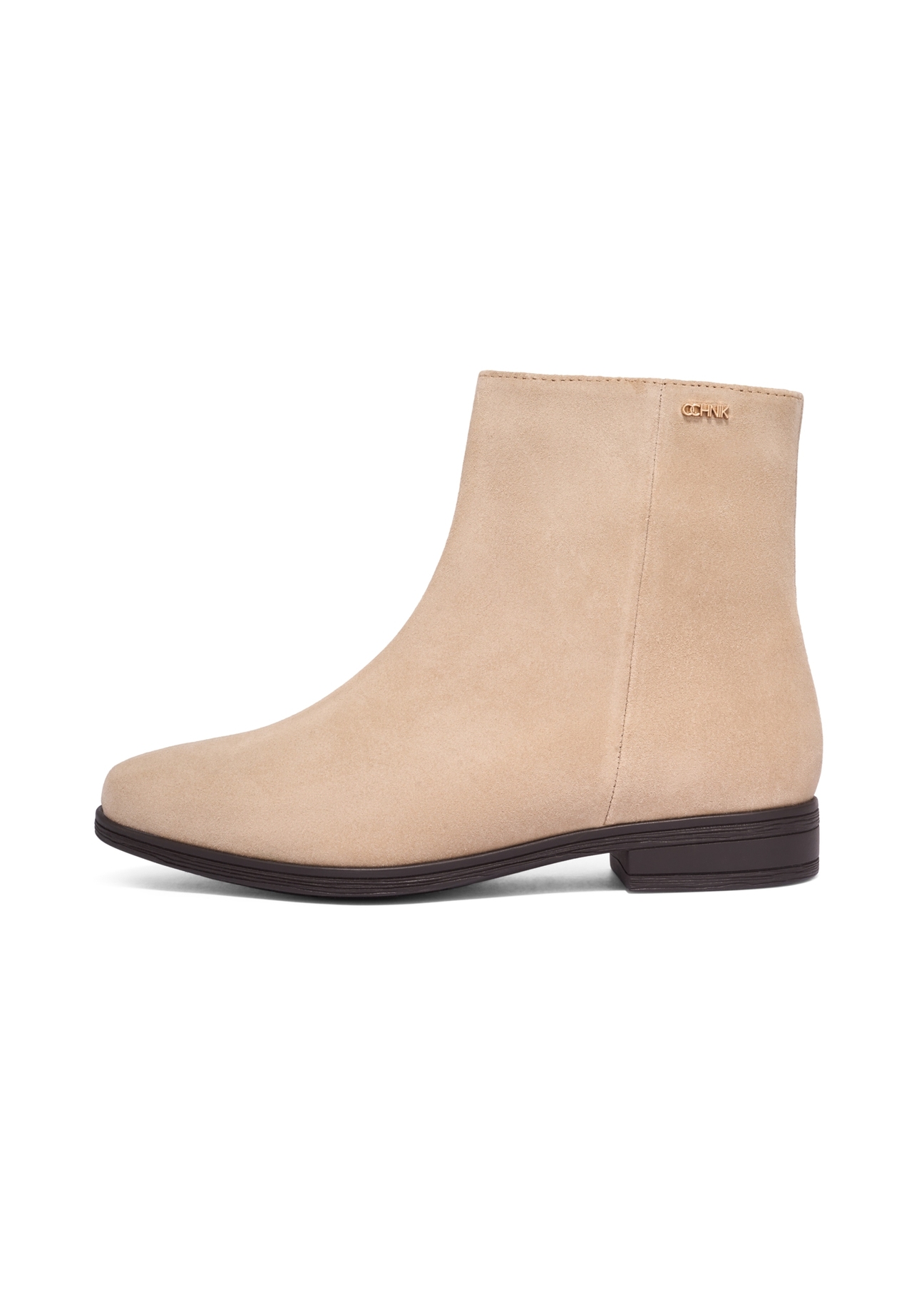 Women's suede ankle boots in cool beige color BUTYD-1193-1K(Z26), side views of the product on a light background.