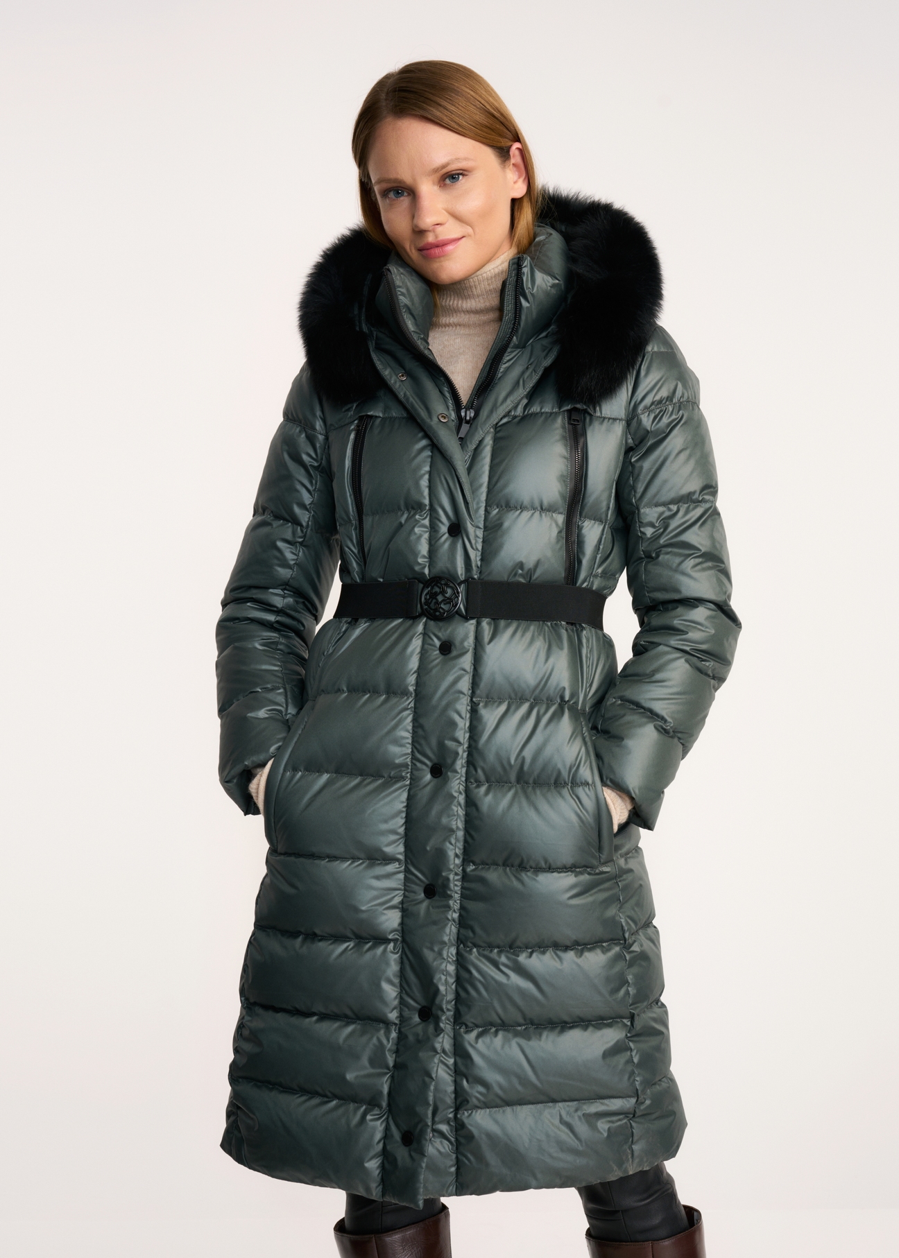 Women's down jacket with belt KURDT-0378-54(Z22)-01