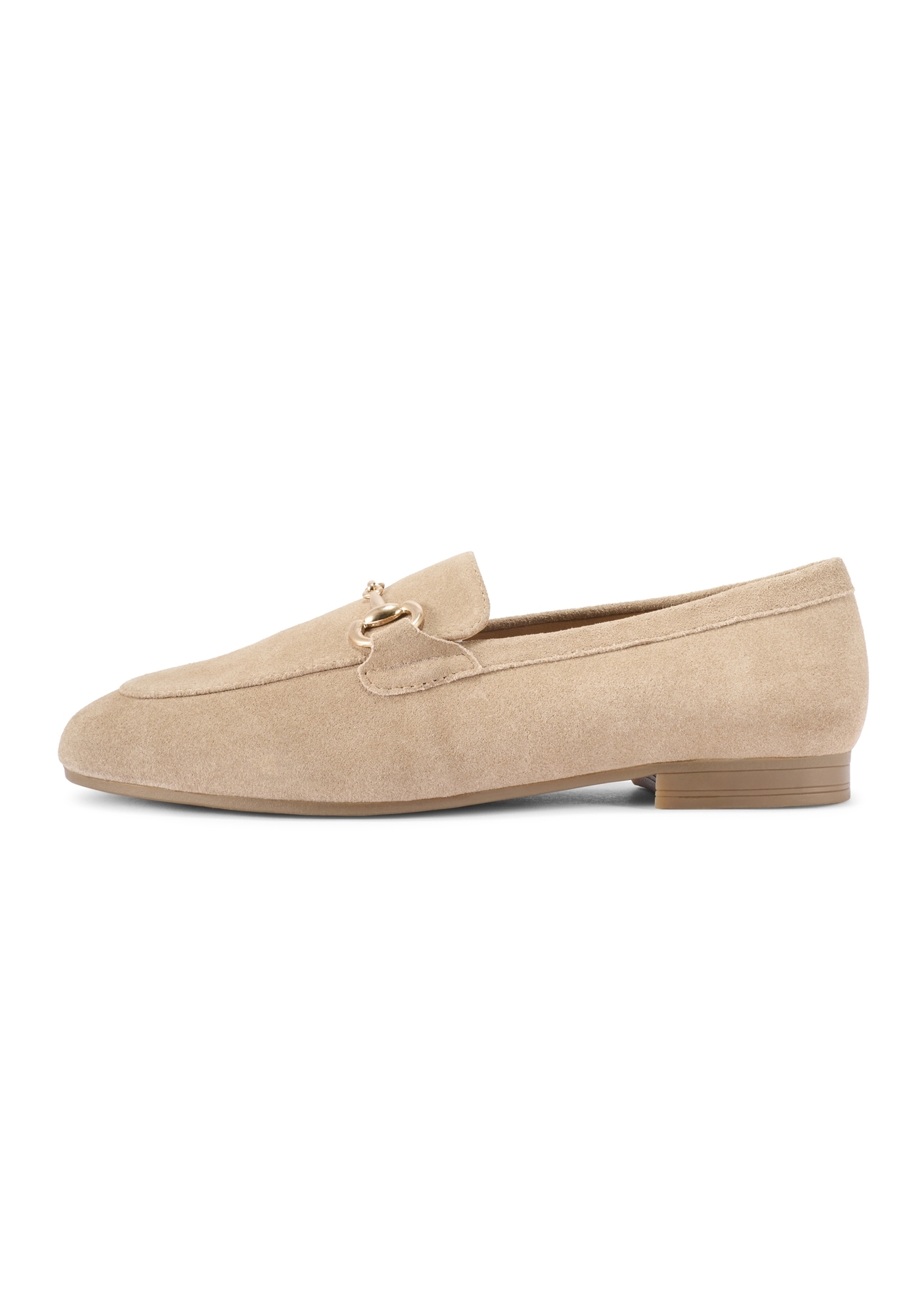 Dark beige suede women's moccasins BUTYD-1257-1K(W26), side product view on white background.
