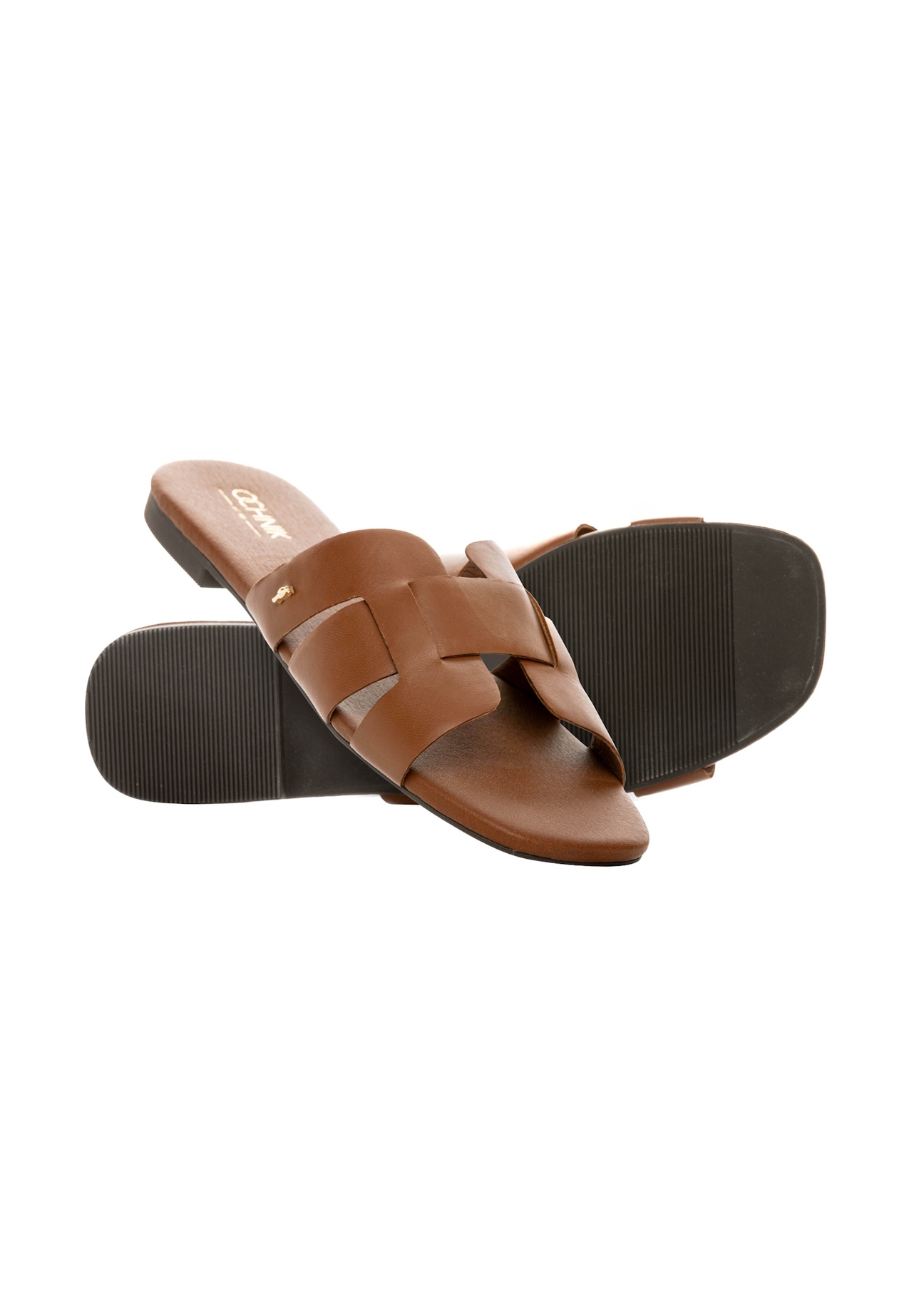 Women's camel flip-flops with braid BUTYD-0904D-1D(W26), diagonal product view on a white background.