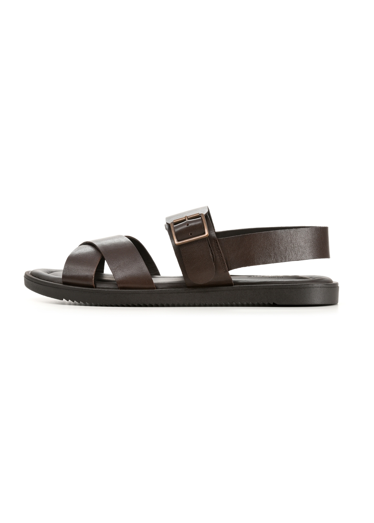 Men's dark brown leather sandals BUTYM-0537-1I(W26), side view of the product on a white background.