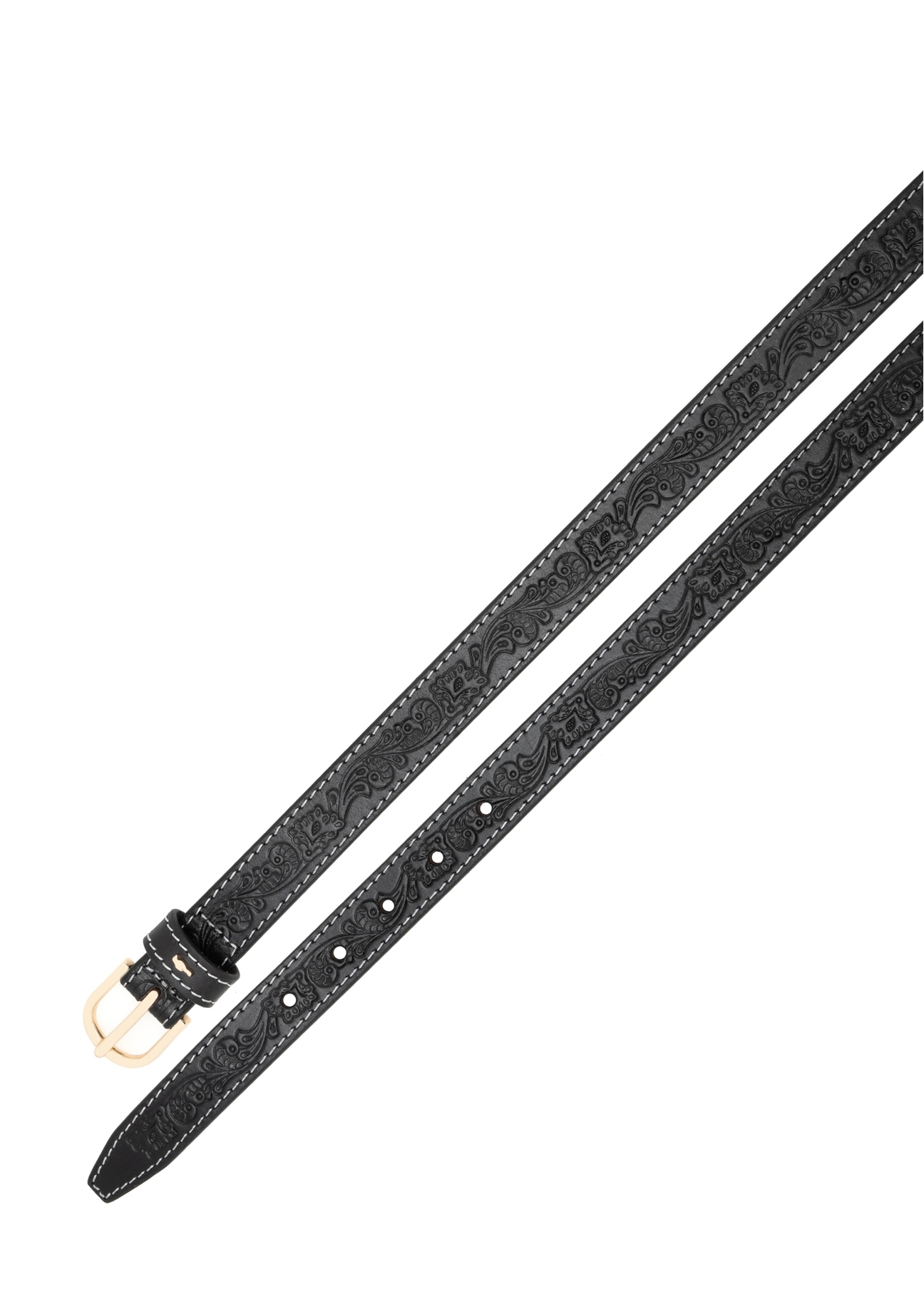 Black leather women's belt PASDS-0334-98(Z25), view of the clasp of the product on a white background.