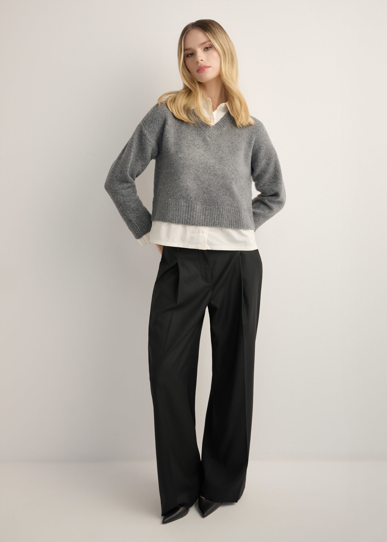 Gray women's sweater with collar SWEDT-0264-9D(Z26), front product view. Full body visible.