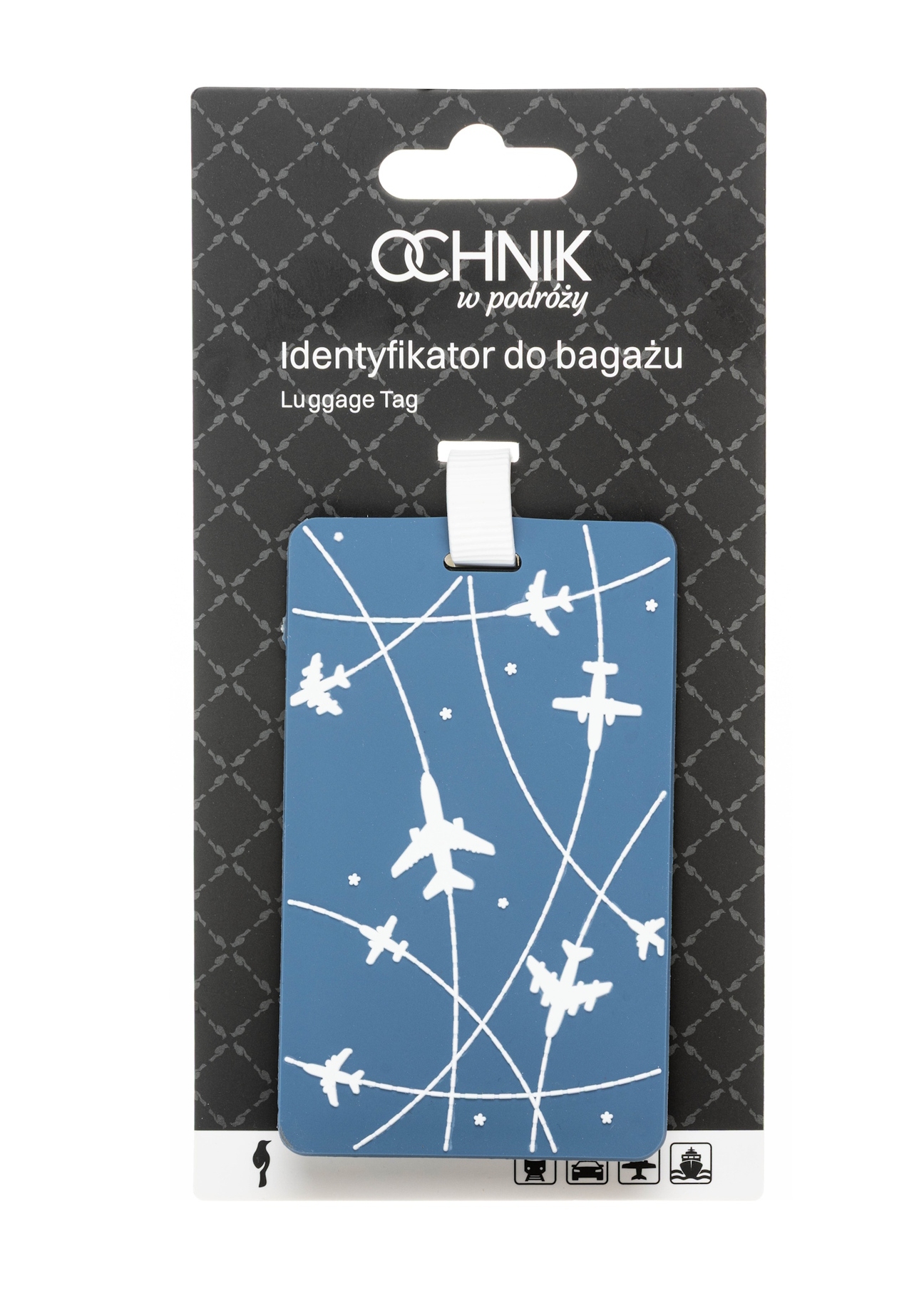 Luggage tag with airplanes AW-012-0013-7C(W26), product view with packaging on white background.