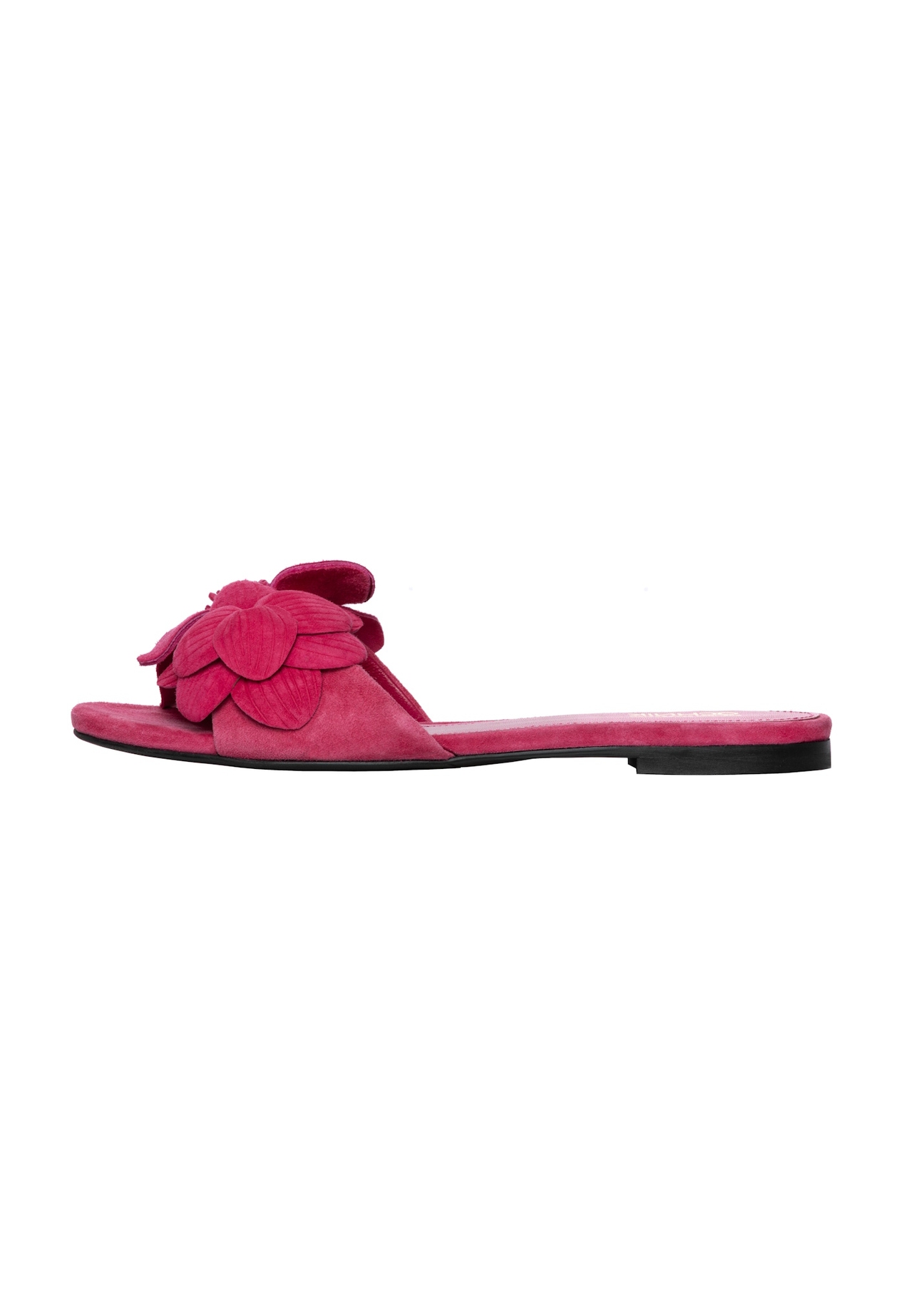 Women's fuchsia suede slides BUTYD-1237-5E(W26), side view of the product on a white background.