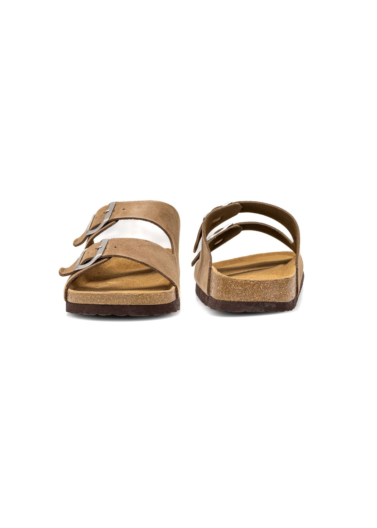 Men's leather flip-flops in cool beige color BUTYM-0495-1K(W26), front and back view of the product on a white background.
