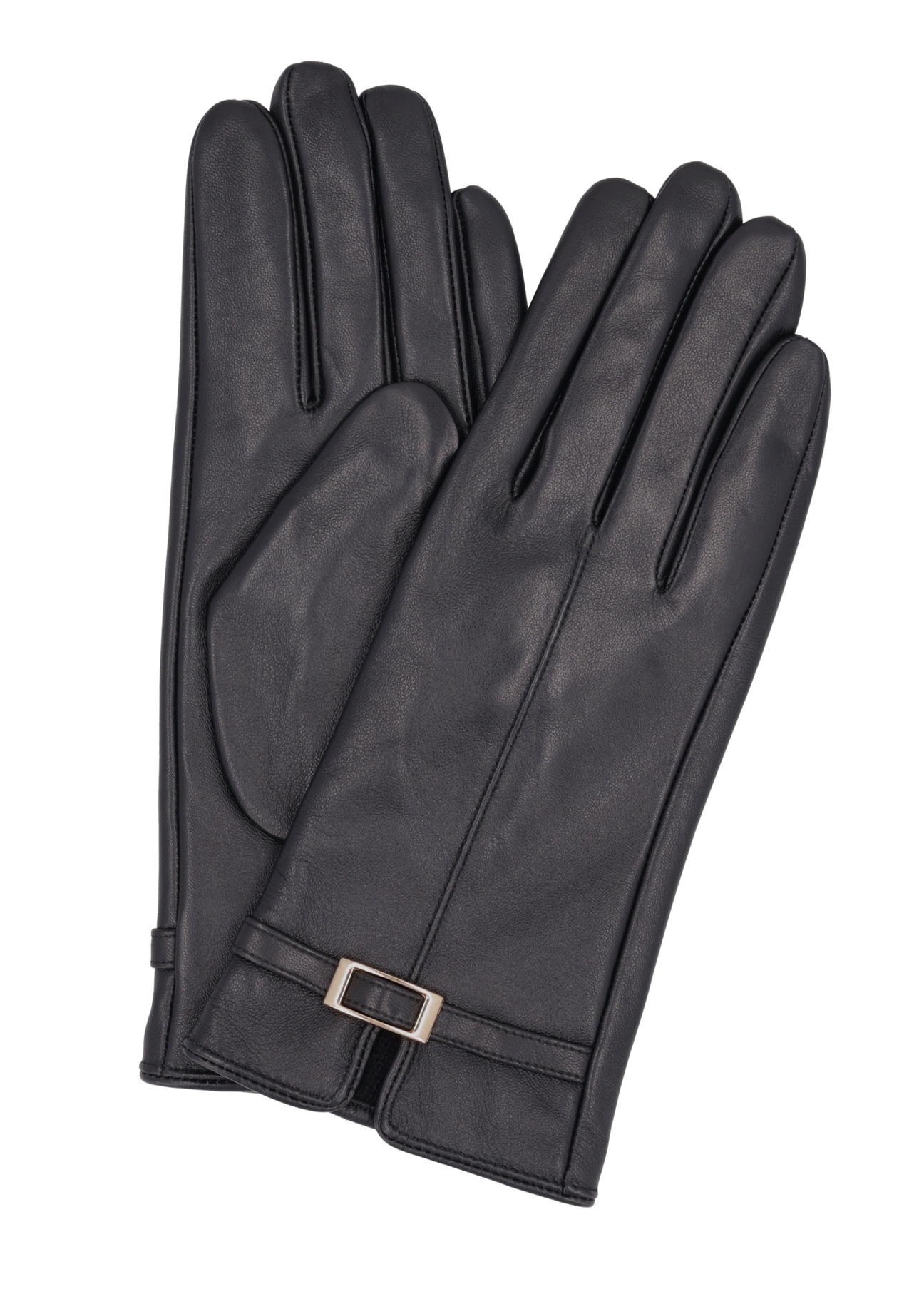 Women's black leather gloves REKDS-0109-99(Z26), front product view on white background.
