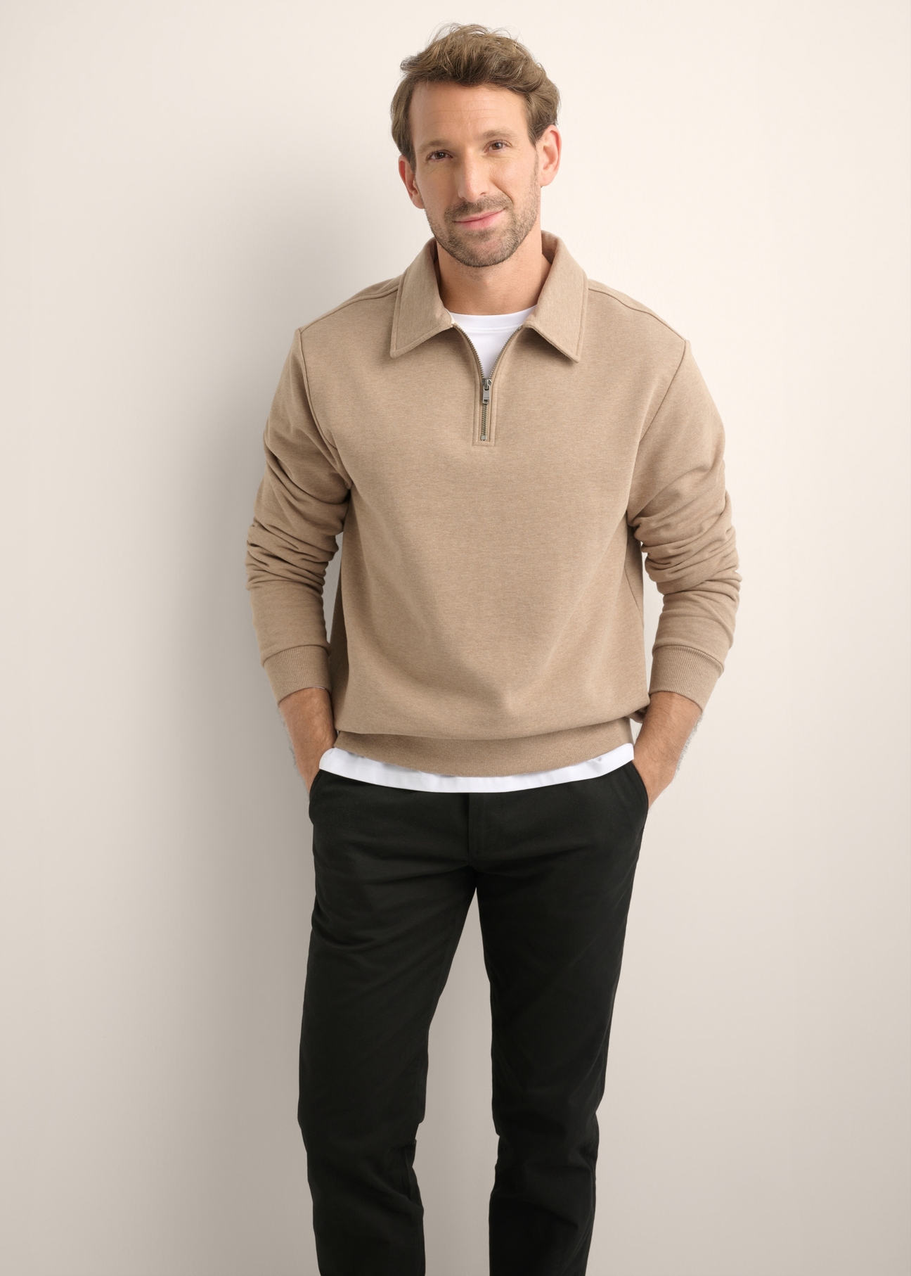 Beige cotton men's sweatshirt BLZMT-0081-1D(Z26), front view of the product on the model. Half of the silhouette visible.