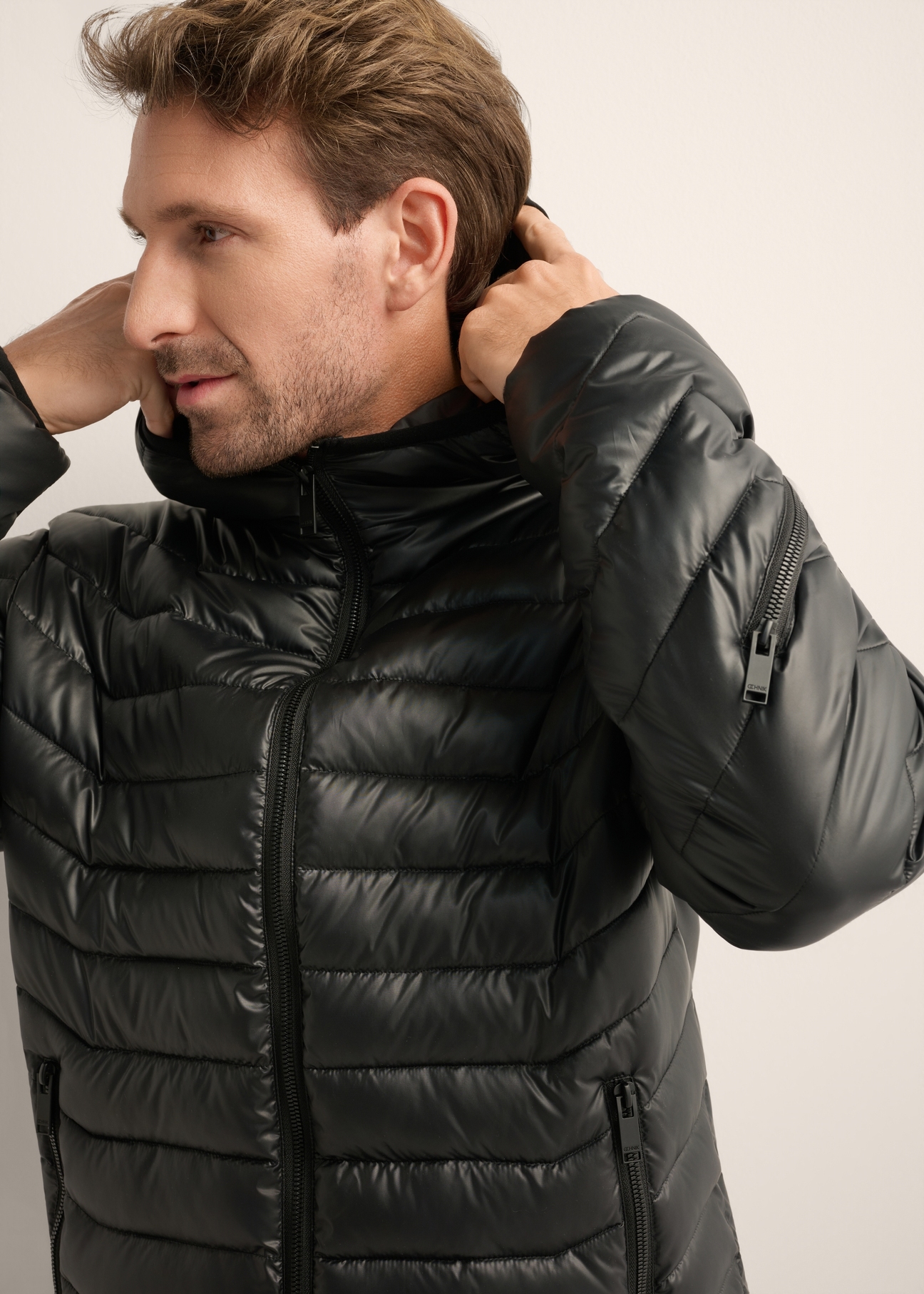 Men's black jacket KURMT-0380-99(Z25), front view of the product on the model. Half of the silhouette visible.