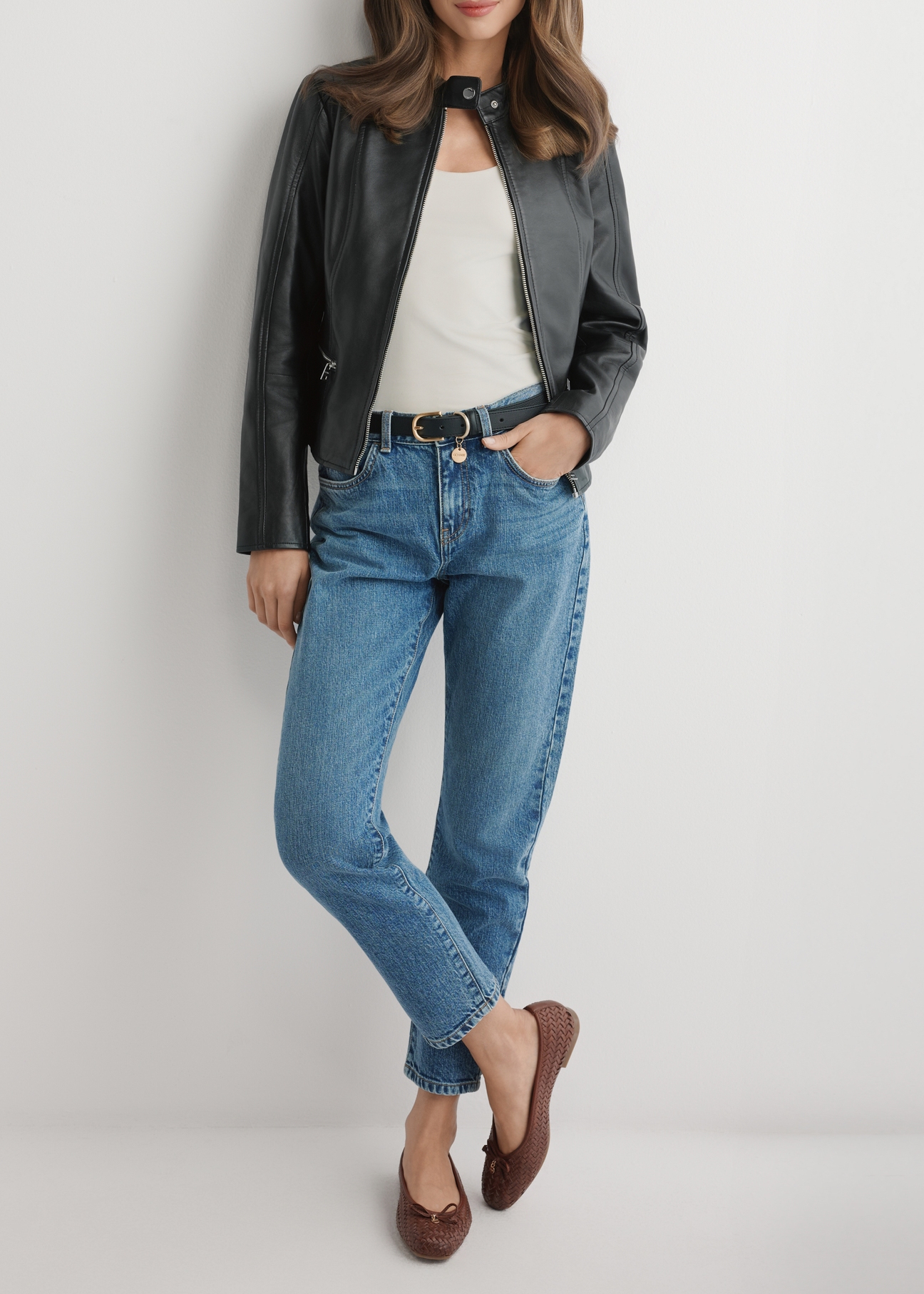 Women's brown braided ballet flats BUTYD-1249-1H(W26), front view of the product on the model's feet.