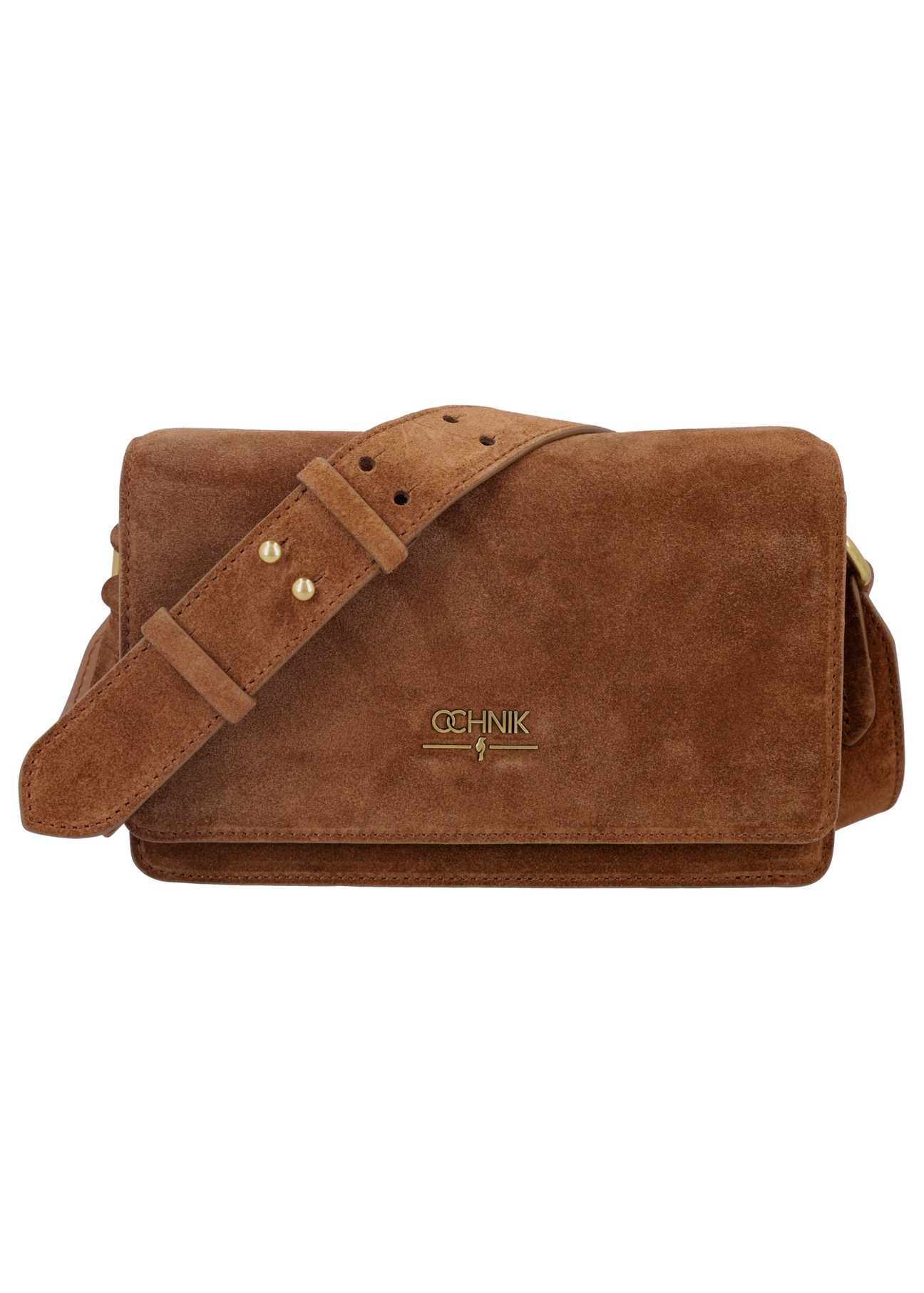 Cognac-colored suede women's handbag TORES-1356-1F(Z26), front product view on white background.