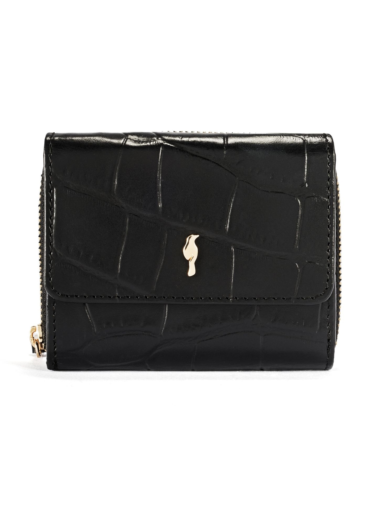 Black croco women's leather wallet PORES-0906-9G(Z26), front product view on white background.