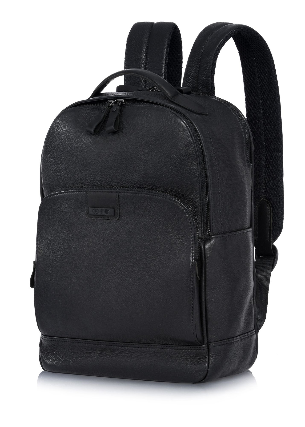 Black large men's leather backpack PLCMS-0020A-99(Z25) - diagonal product view on white background.