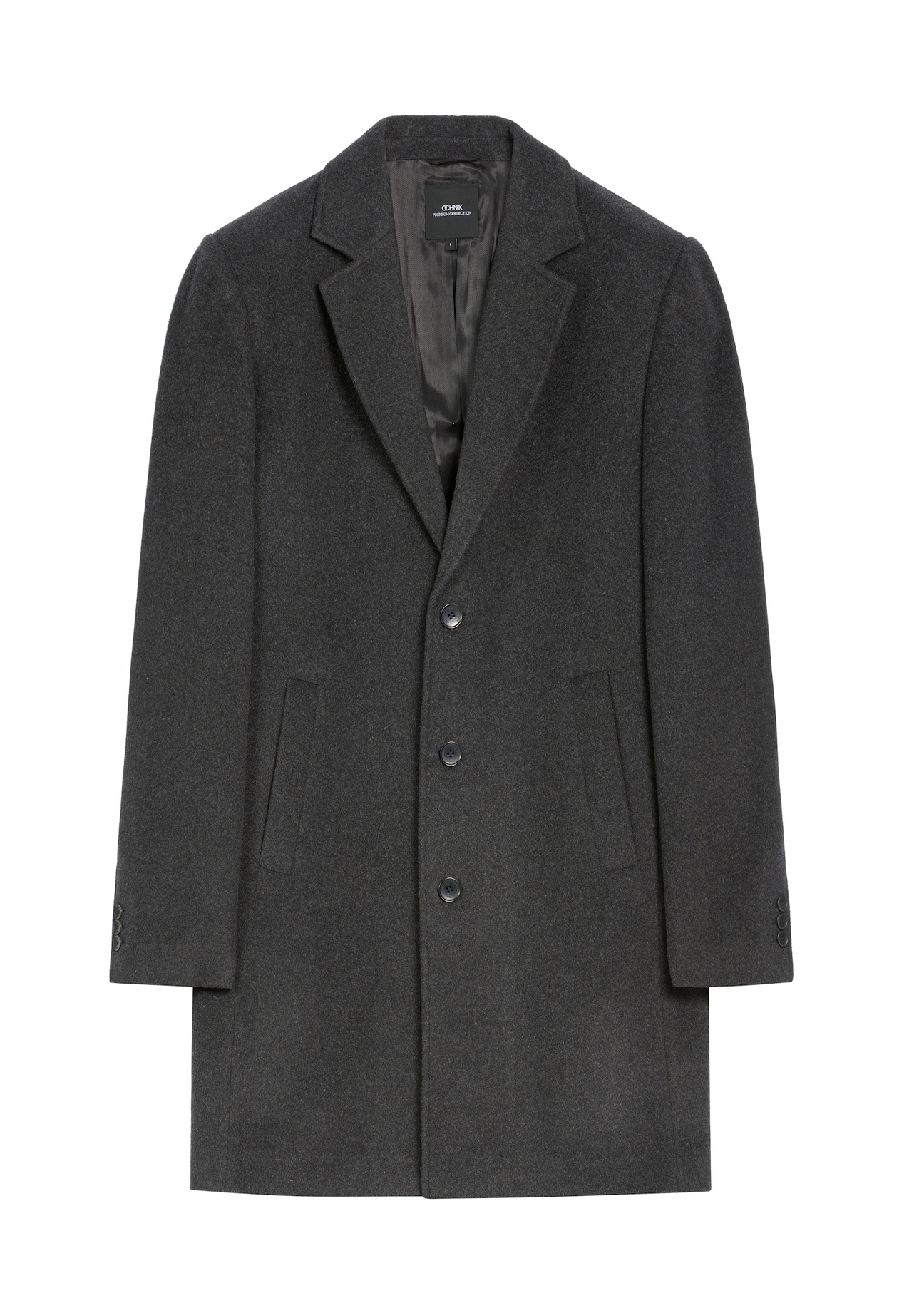 Men's graphite wool coat PLAMT-0006-96(Z25), front product view on white background.