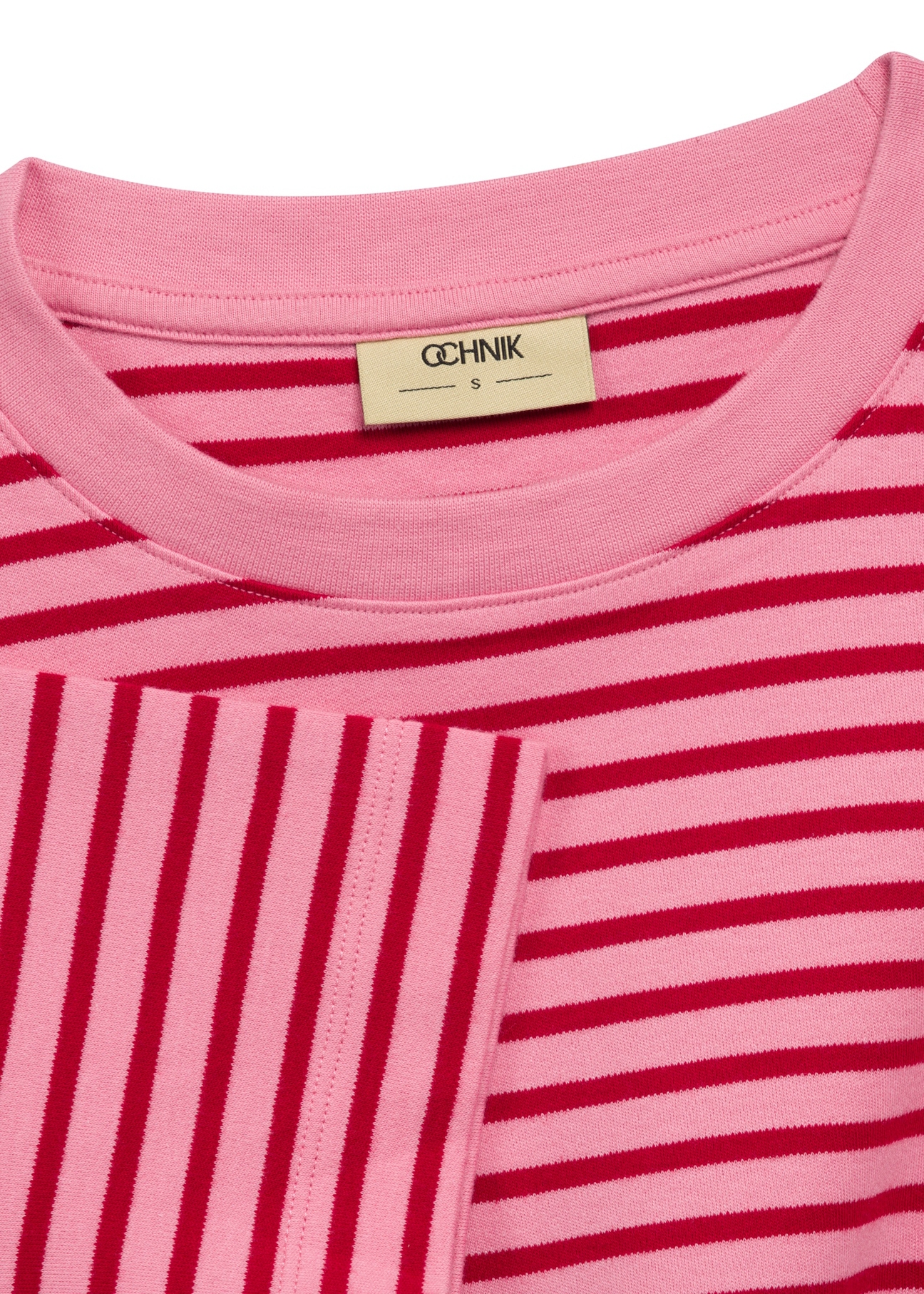 Pink women's striped T-shirt TSHDT-0150-5P(W26), close-up of product detail on white background.