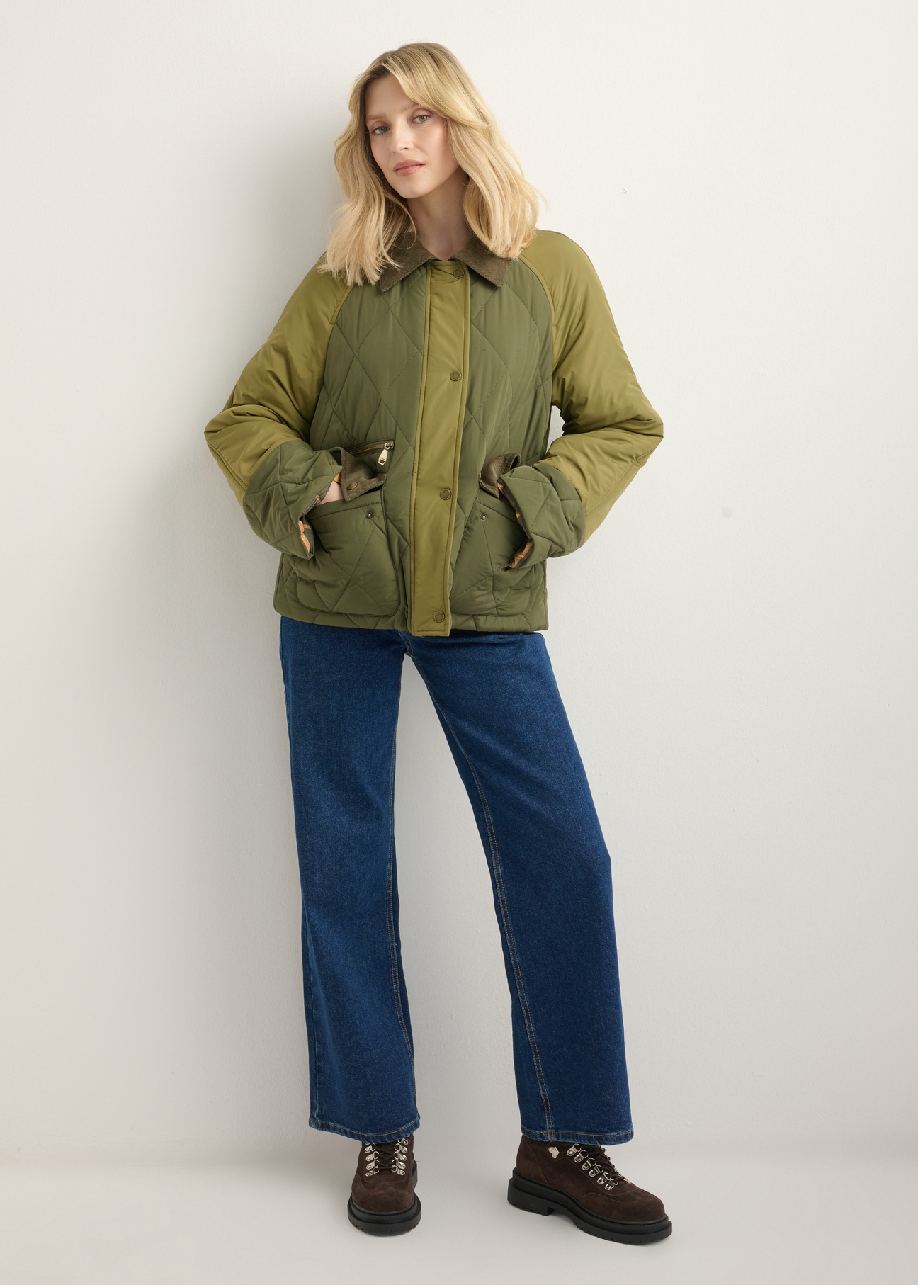 Women's khaki jacket KURDT-0665-8B(Z26), front view of the product on a model. Full body view.