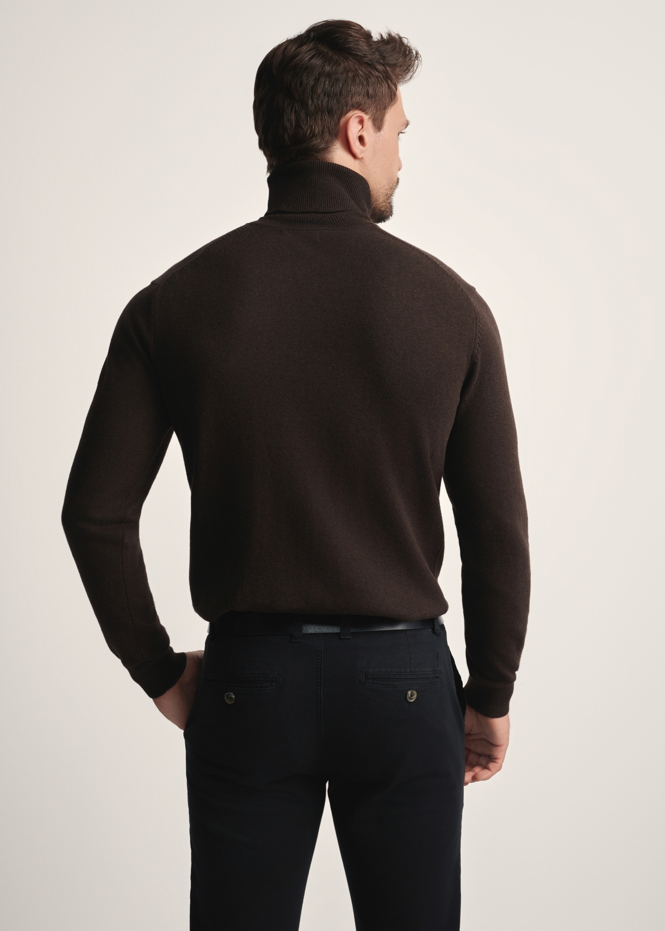 Men's turtleneck sweater in chocolate color SWEMT-0095B-90(Z25), product view from the back on the model, half of the silhouette visible.