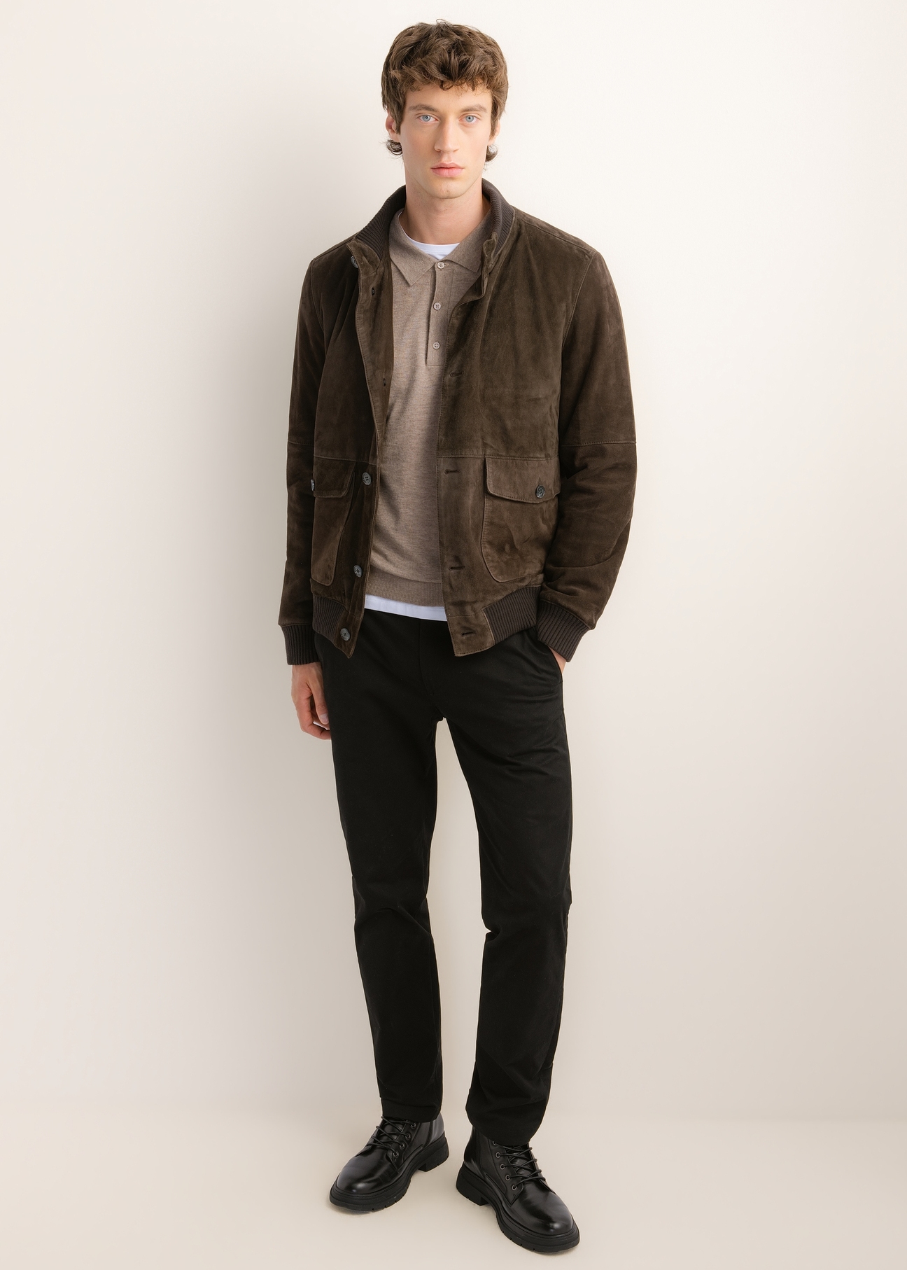 Brown men's suede jacket KURMS-0425-1L(Z6) - front product view of the model, against a white background. Full body visible.