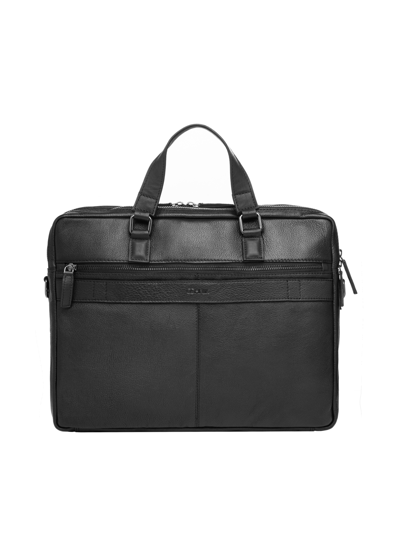 Black leather men's briefcase TORMS-0495-99(W26), product view from the back on a white background.