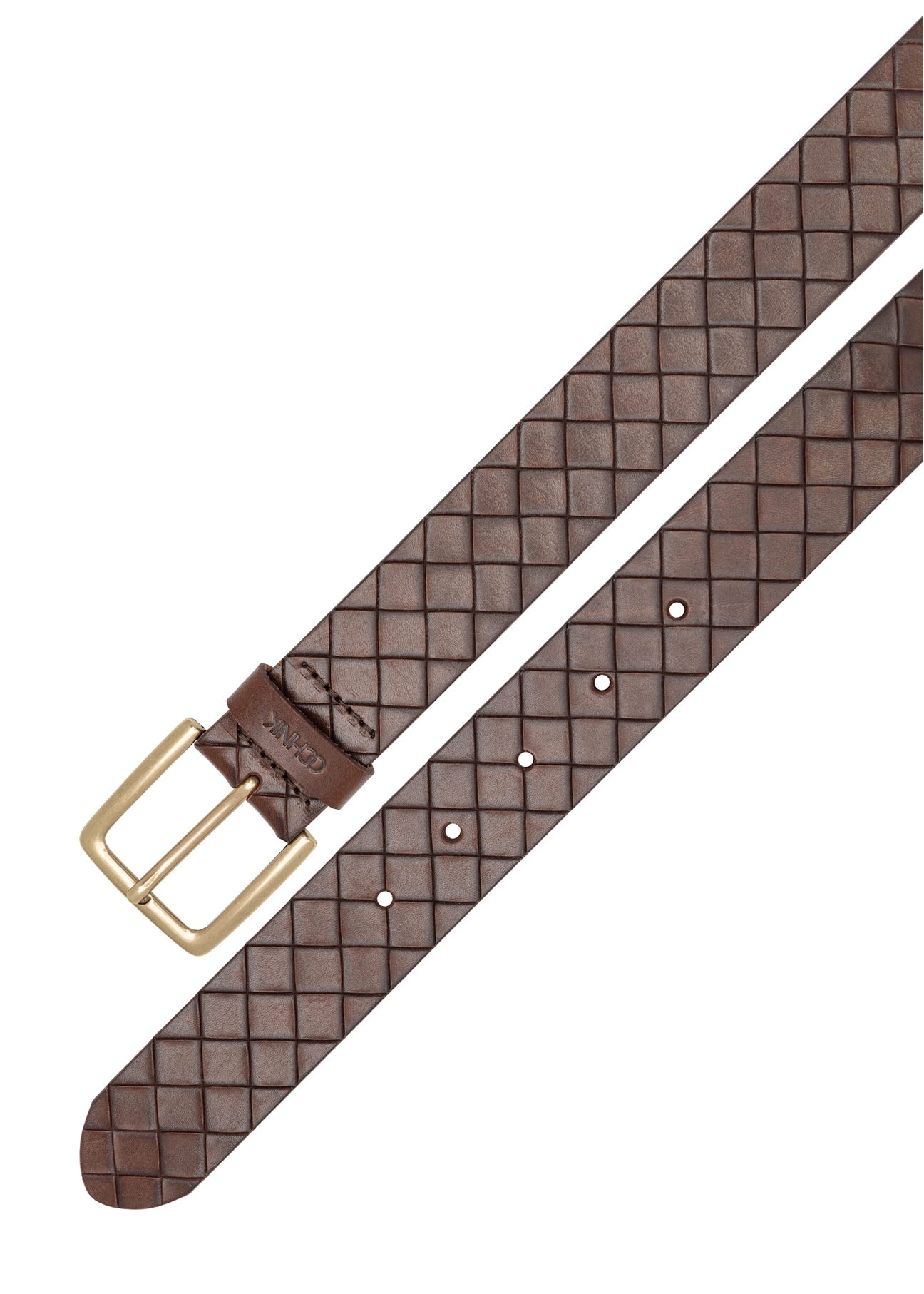Men's brown leather belt PASMS-0278-1I(W26), top view of the product on a white background.