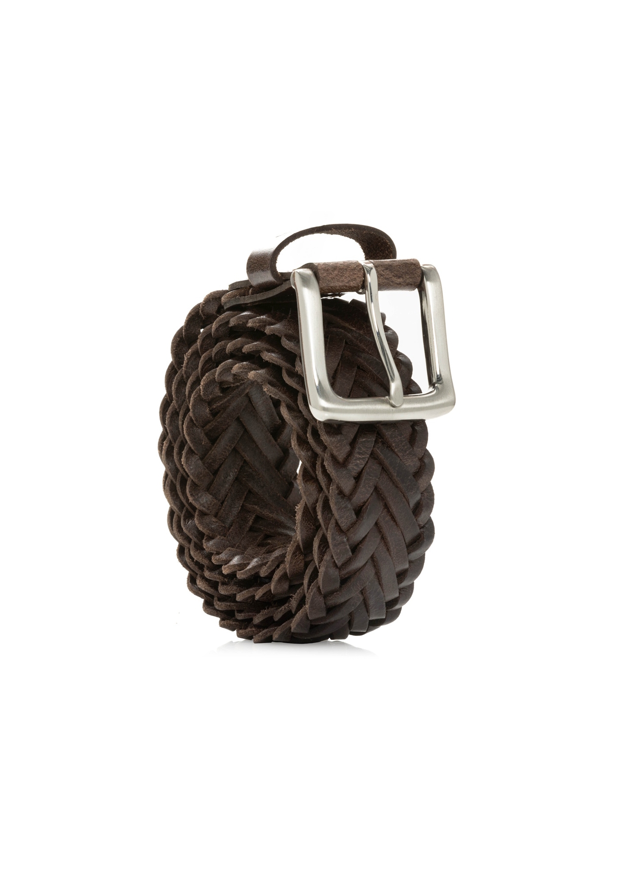Dark brown braided men's belt PASMS-0282-1I(W26), diagonal product view on white background.