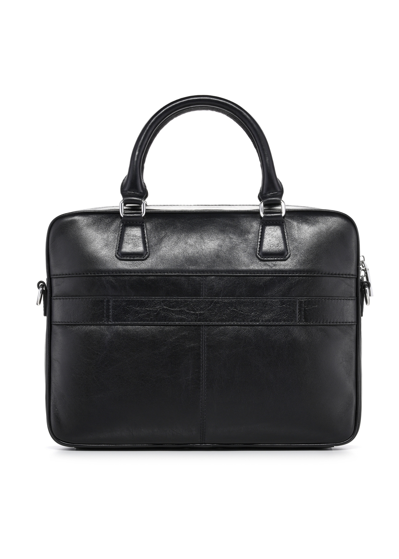 Black leather laptop bag TORES-1227-99(W26), product view from the back on a white background.