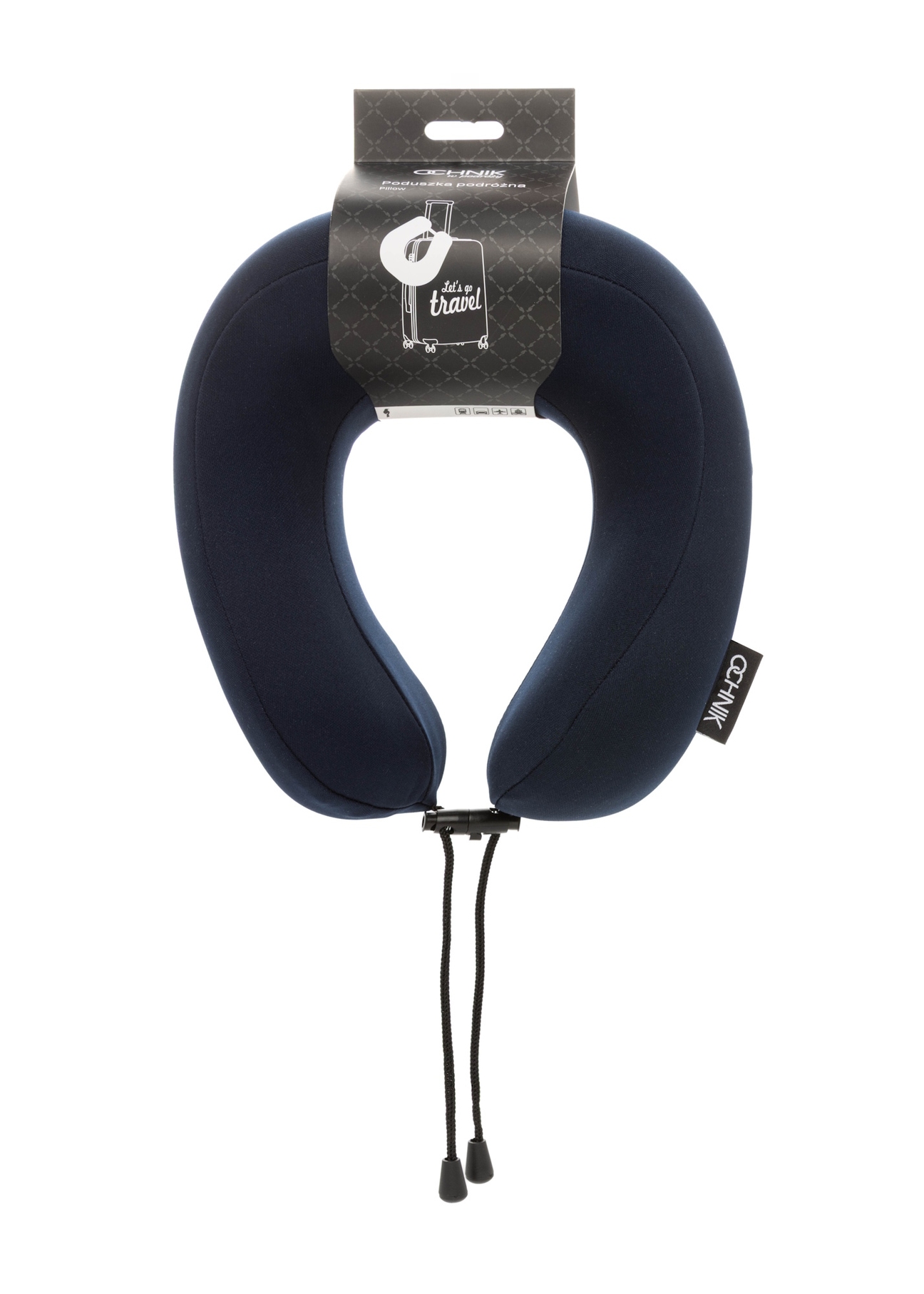 Navy blue soft travel pillow AW-014-0005-7D(W26), product view with packaging on white background.