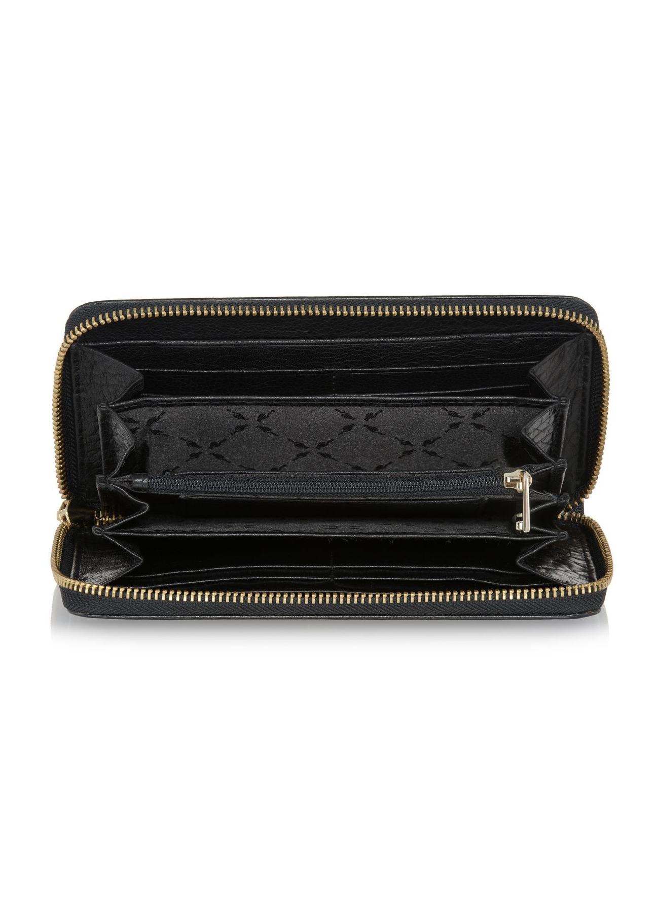 Large leather black women's wallet PORES-0813A-99(Of 25) - top view of the open product on a white background.