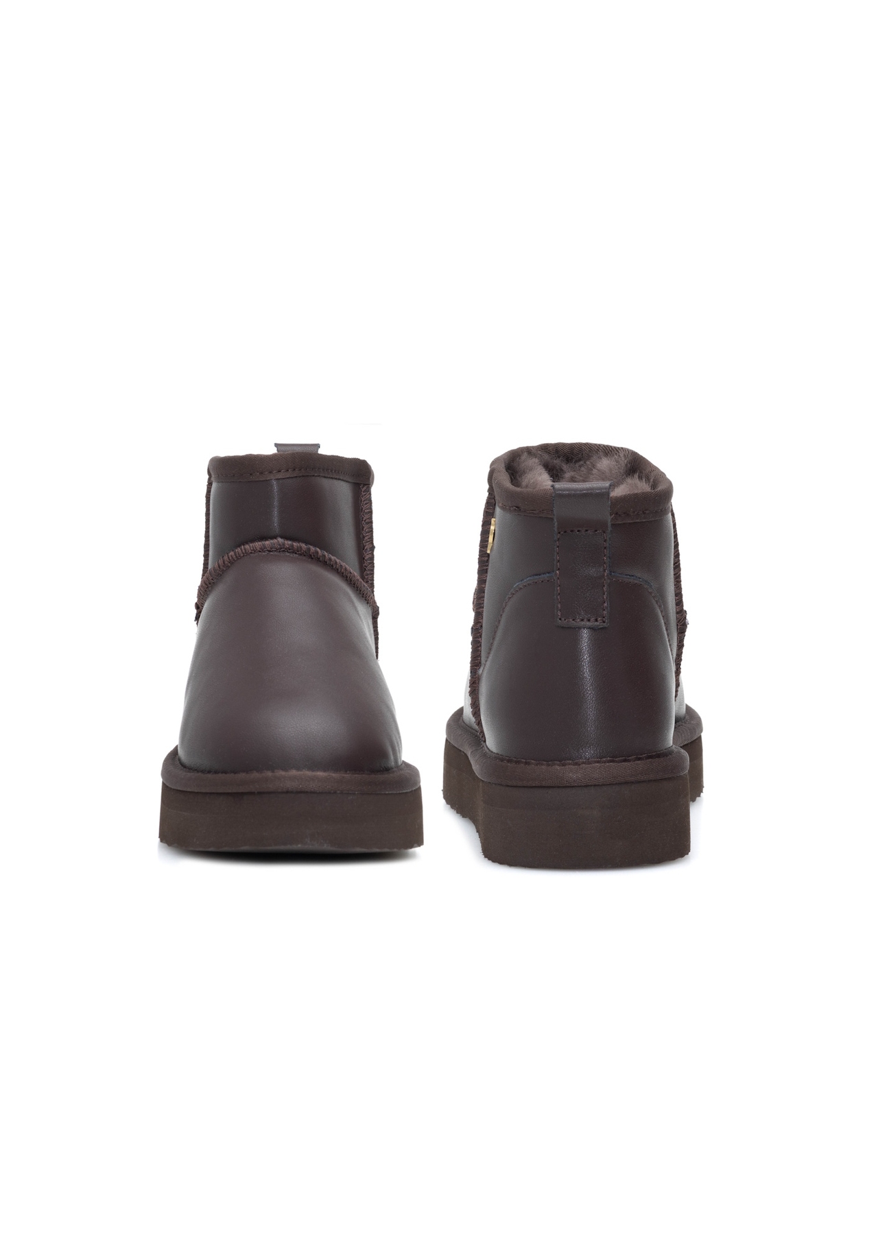 Women's brown leather snow boots BUTYD-1219-89(Z25), front and back product view on white background.