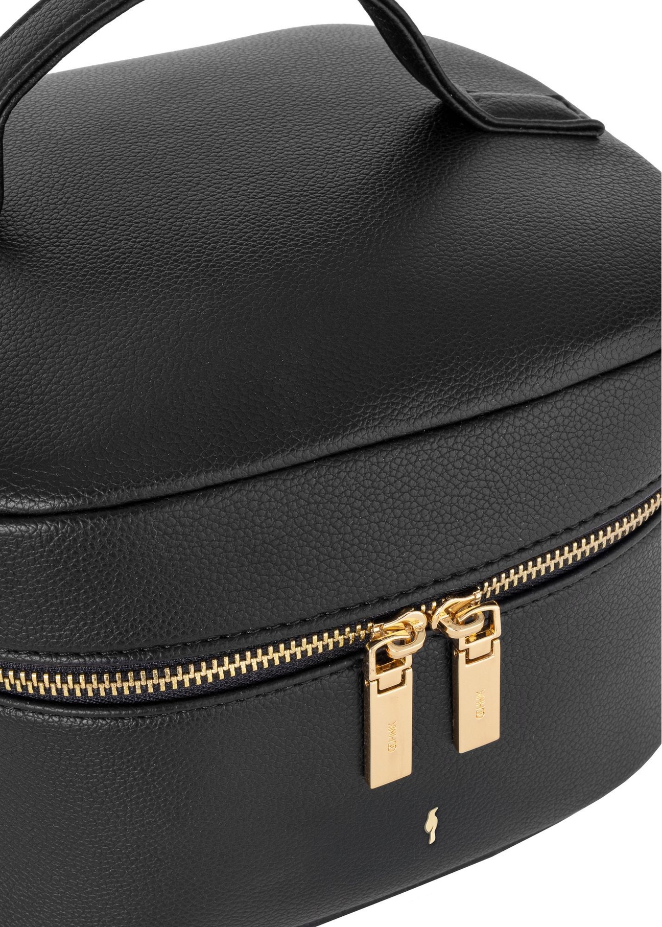 Black round women's cosmetic bag TOREC-0919B-99(Z25) - close-up of the product detail on the front on a white background. Visible zippers.