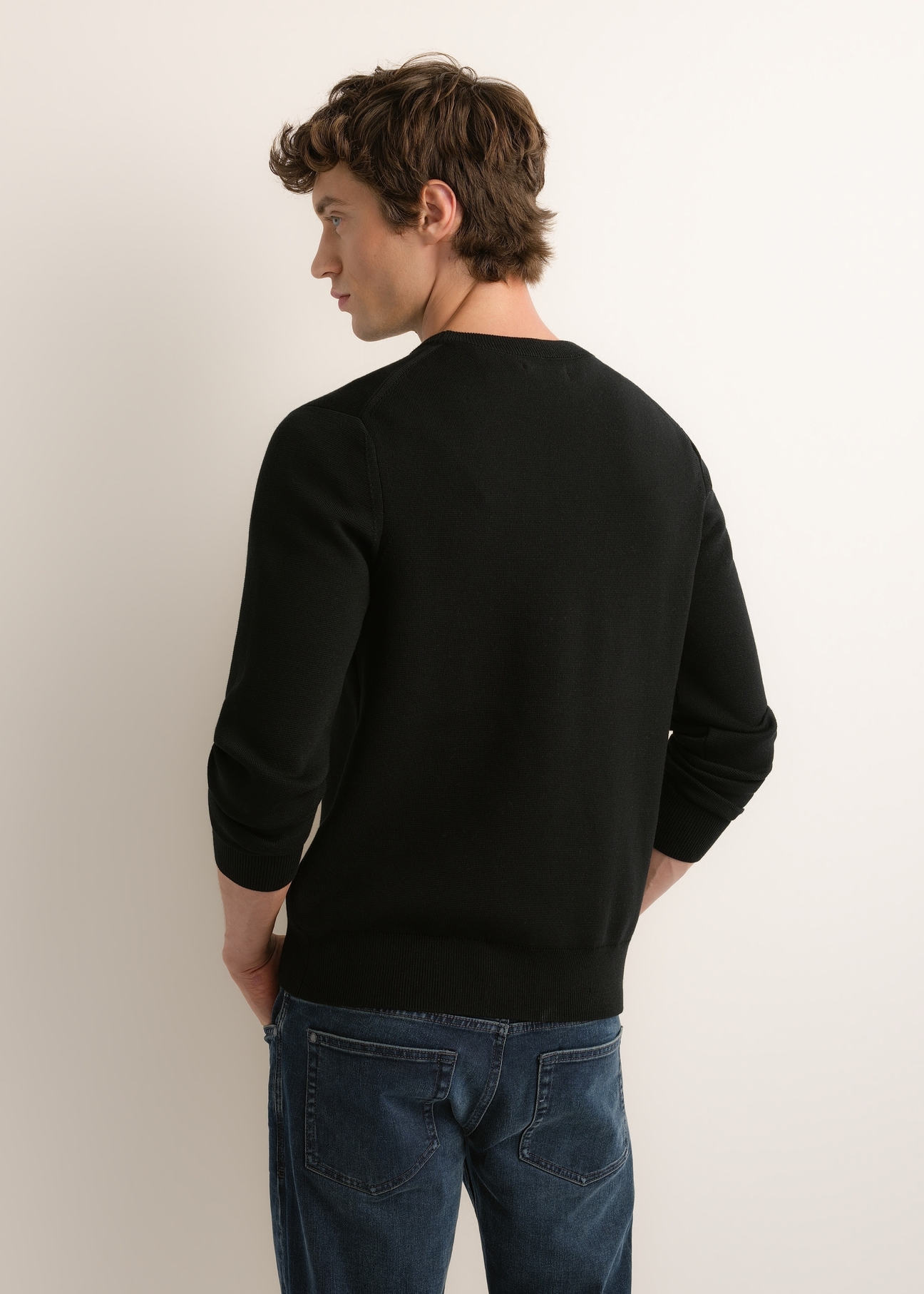 Black men's sweater SWEMT-0217-99(Z26), product view from the back on the model, on a light background.
