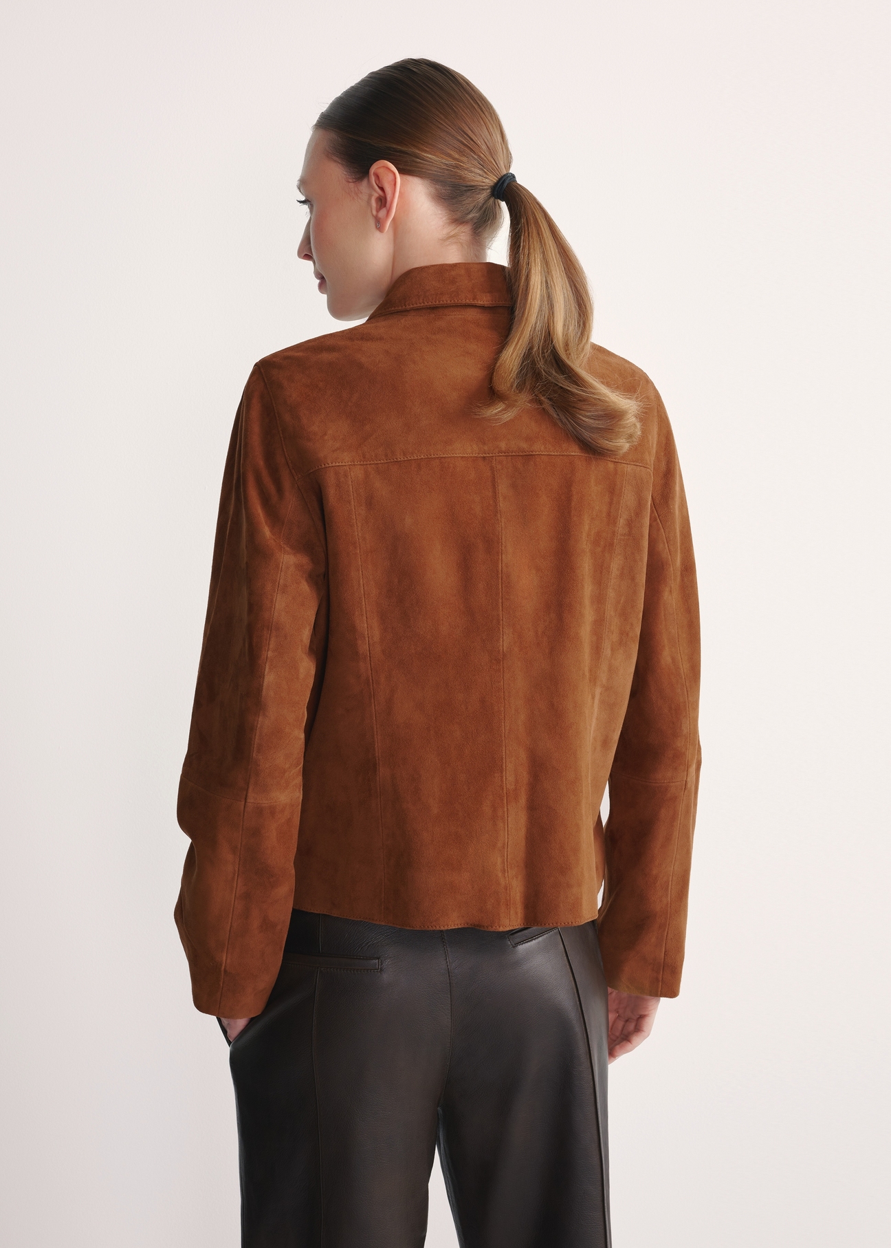 Brown suede women's jacket KURDS-0562-0775(Z25) - product view from the back on a white background. Half of the silhouette visible.