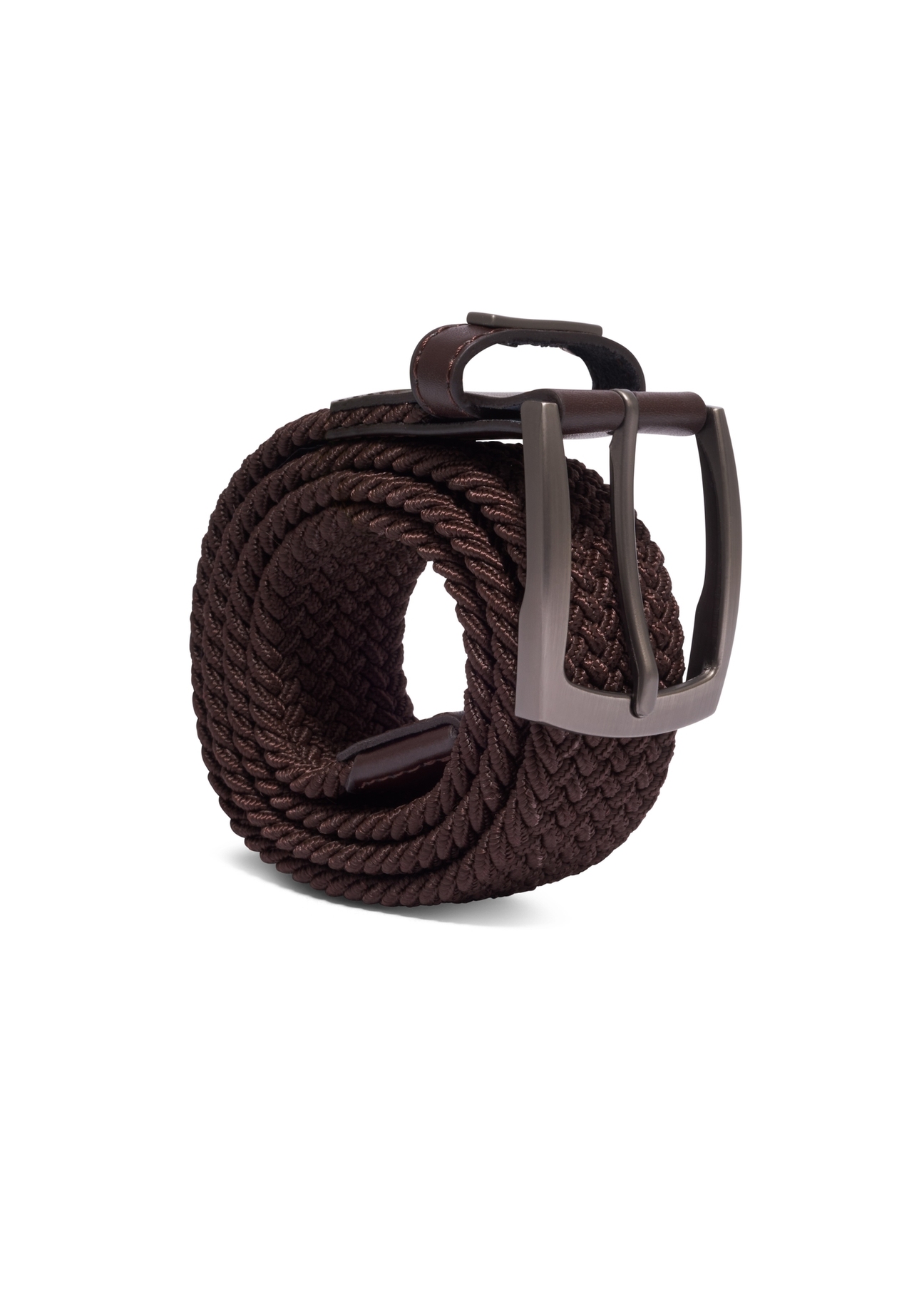 Brown braided men's belt PASMT-0004-1H(Z26), diagonal view of the product on a white background.